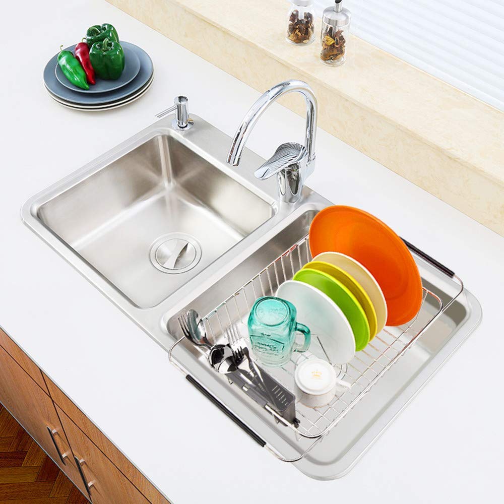 Dish Drying Rack with Stainless Steel Utensil Holder Large Dish Rack Drainer Drain Expandable Shelf Dish Rack in Sink or Over Sink or On Counter Rustproof Stainless Steel