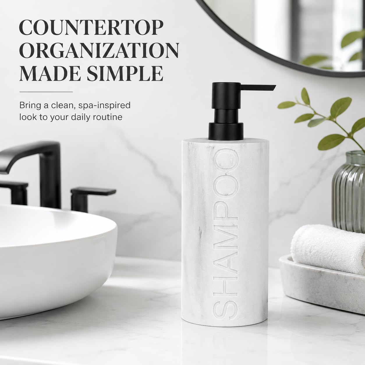 Resin White Marbled Shampoo Engraved Bottle Refillable Pump Dispenser