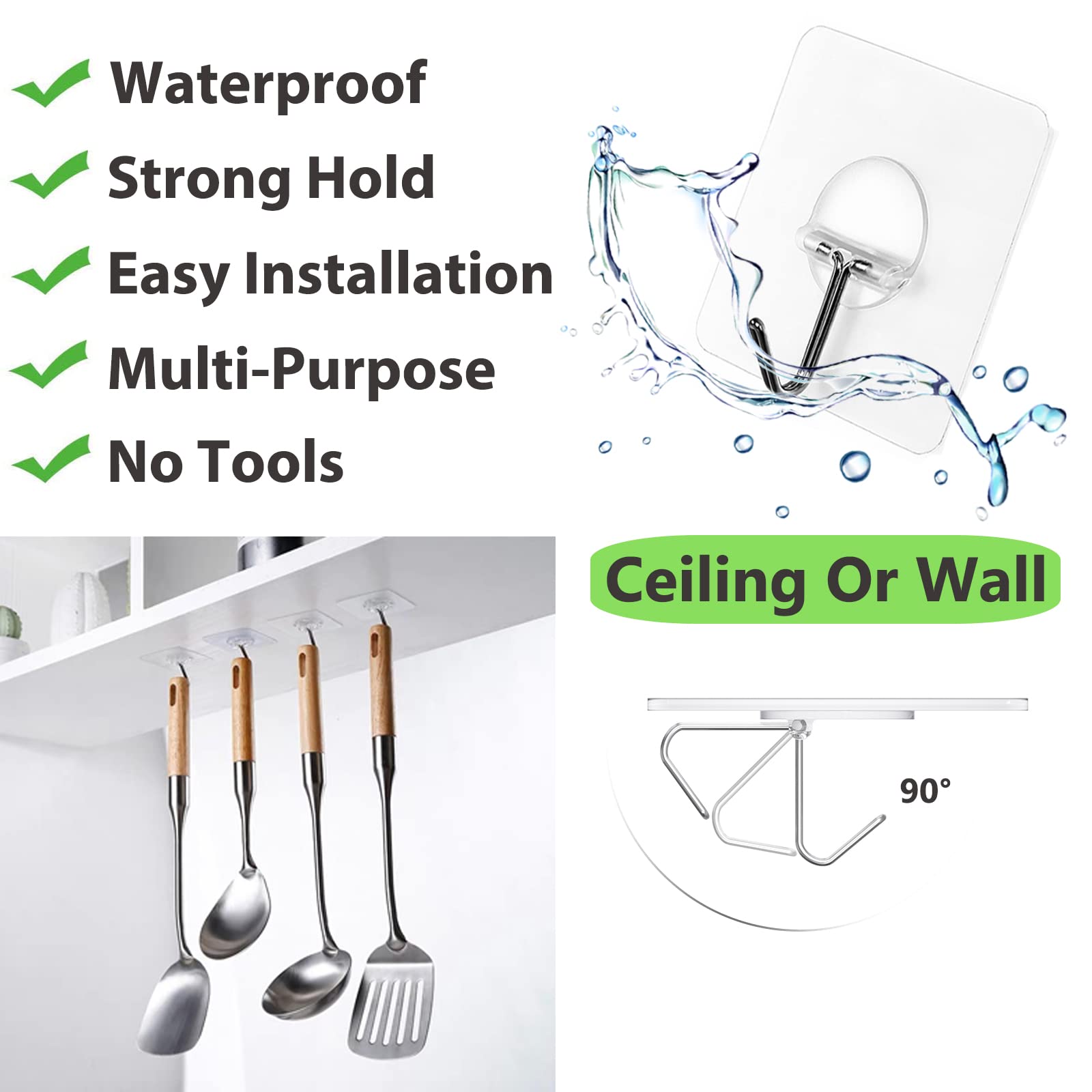 Adhesive Wall Hooks No Drill Clear Heavy Duty (12 Count)
