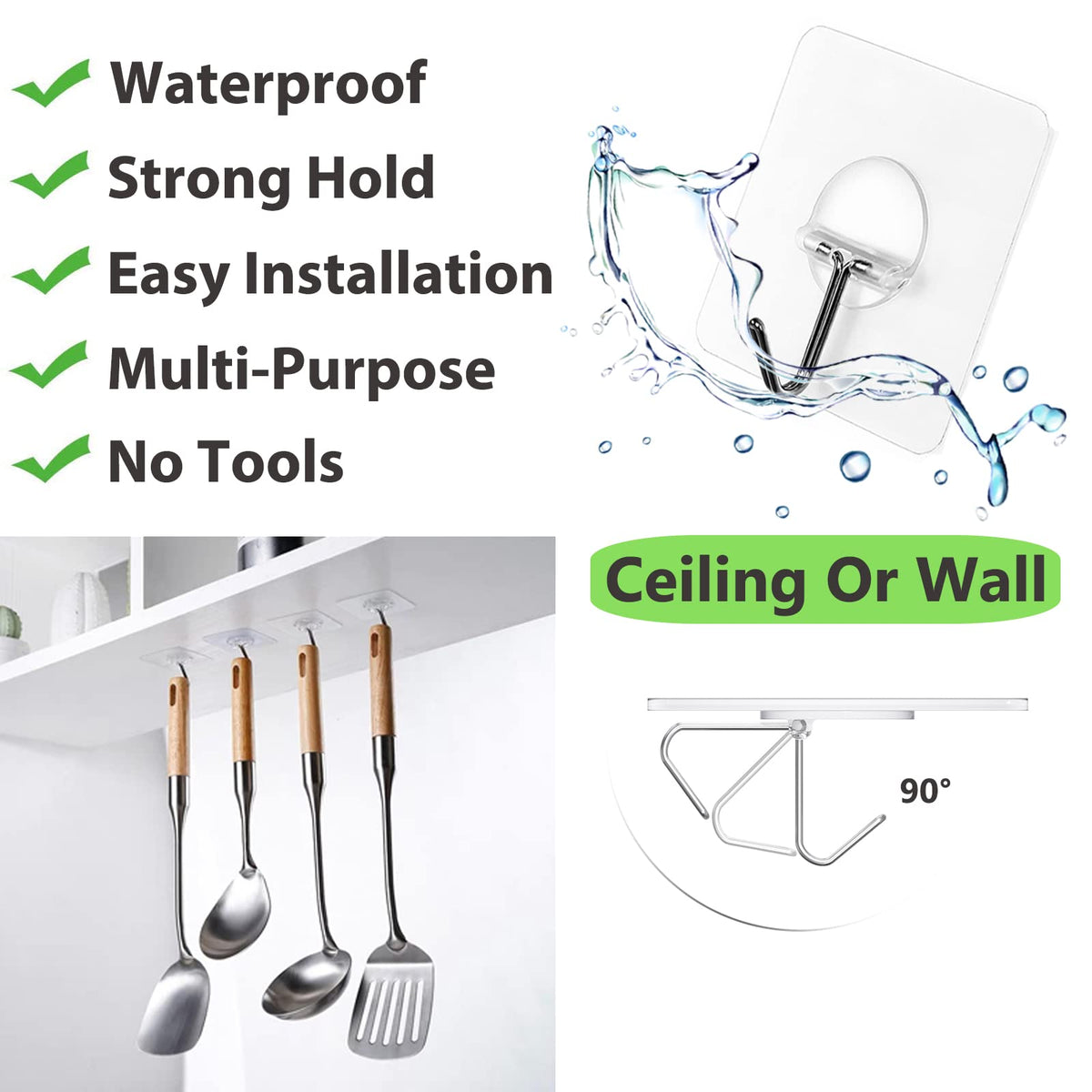 Adhesive Wall Hooks No Drill Clear Heavy Duty (8 Count)