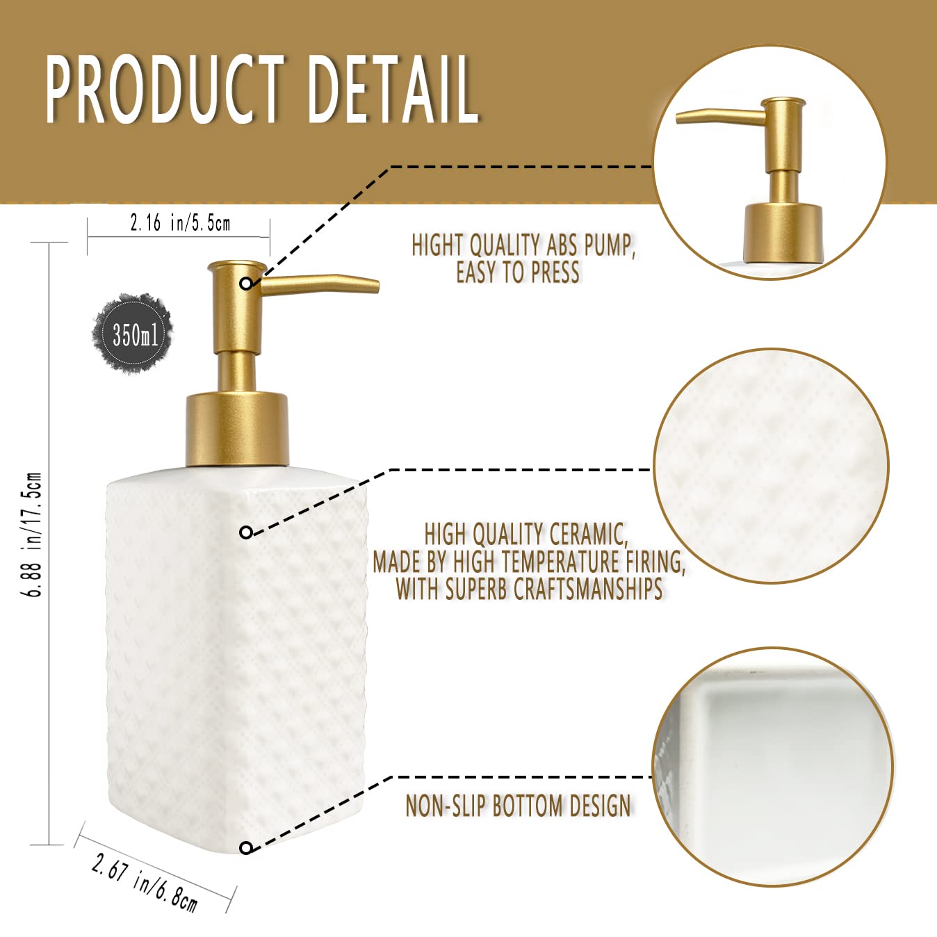 Chic Unique White Soap Dispenser for Bathroom with Golden Pump