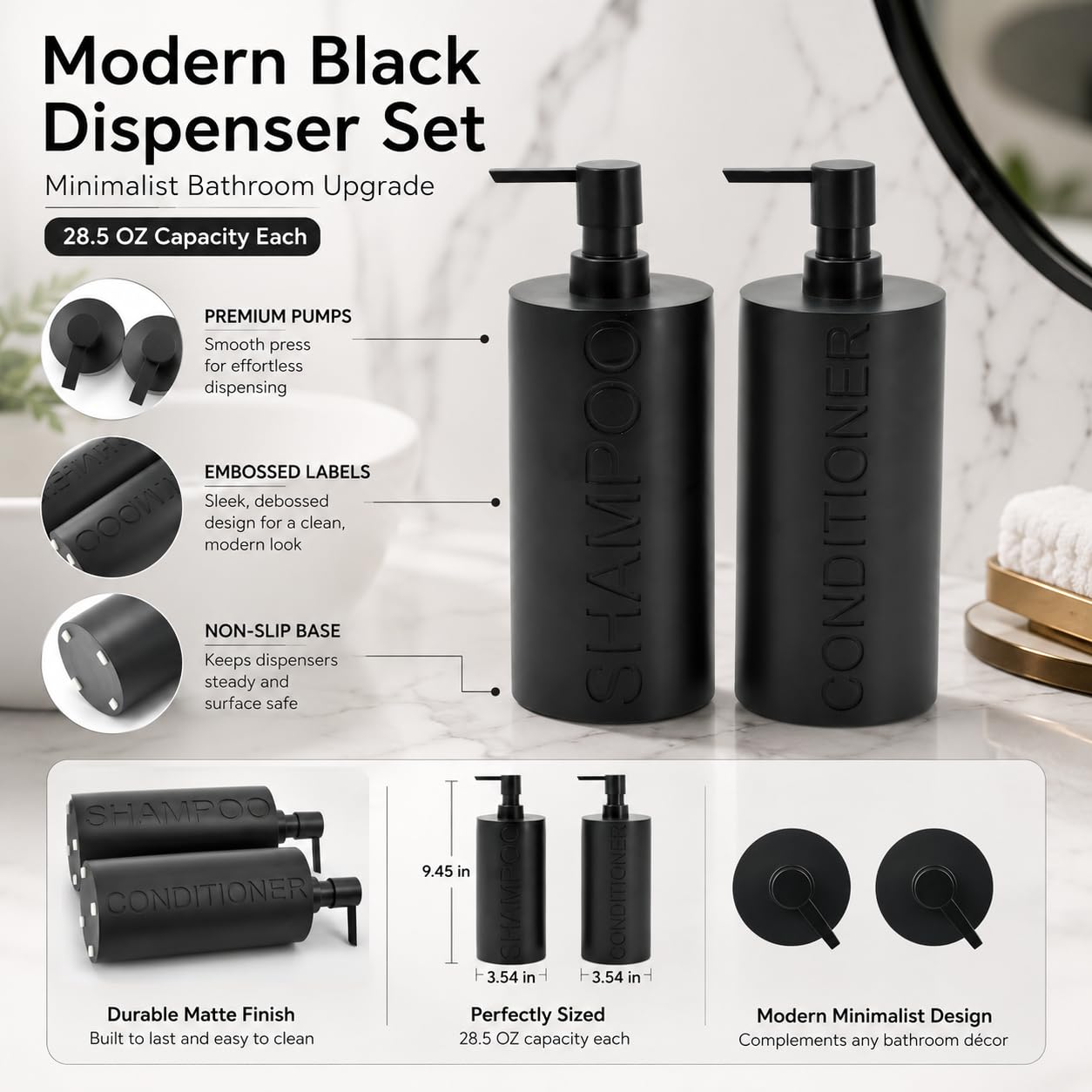2 Pack Matte Black Resin Refillable Shampoo & Conditioner Bottles
