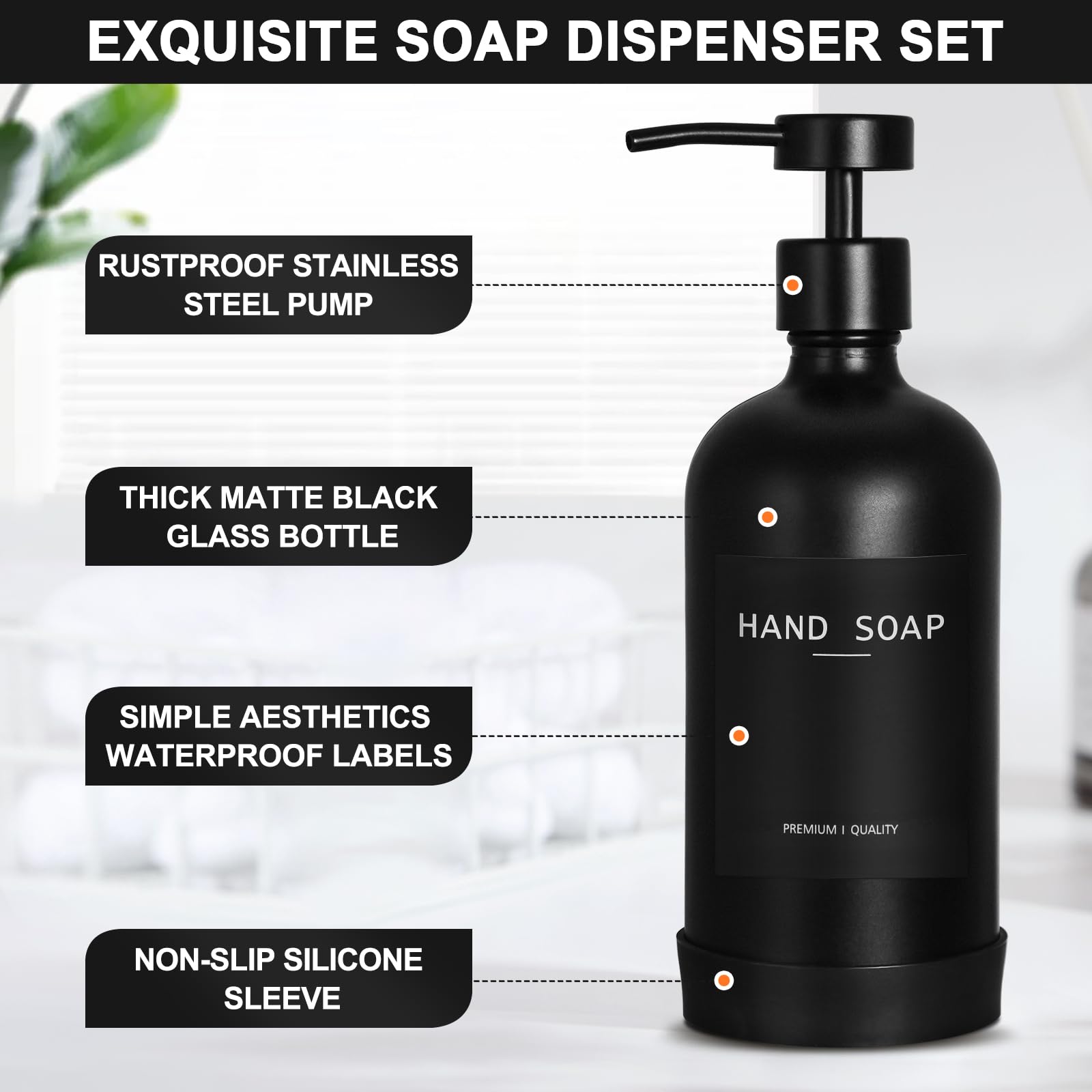 Black Glass Soap Dispenser with Stainless Steel Pump (2 Count)