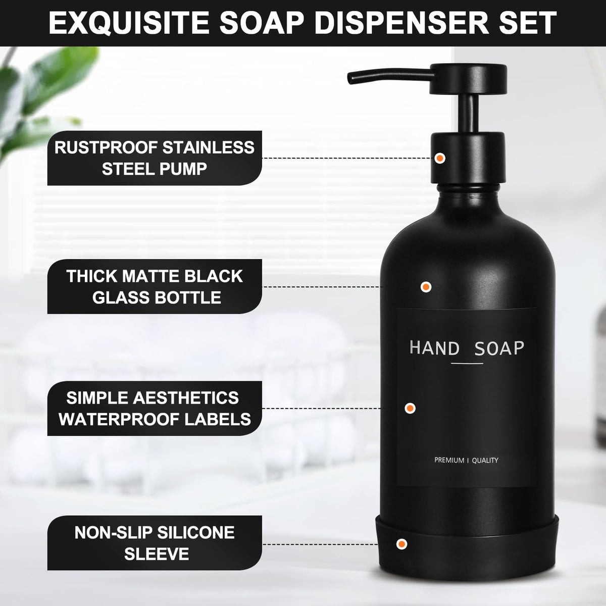 Black Glass Soap Dispenser with Stainless Steel Pump (2 Count)