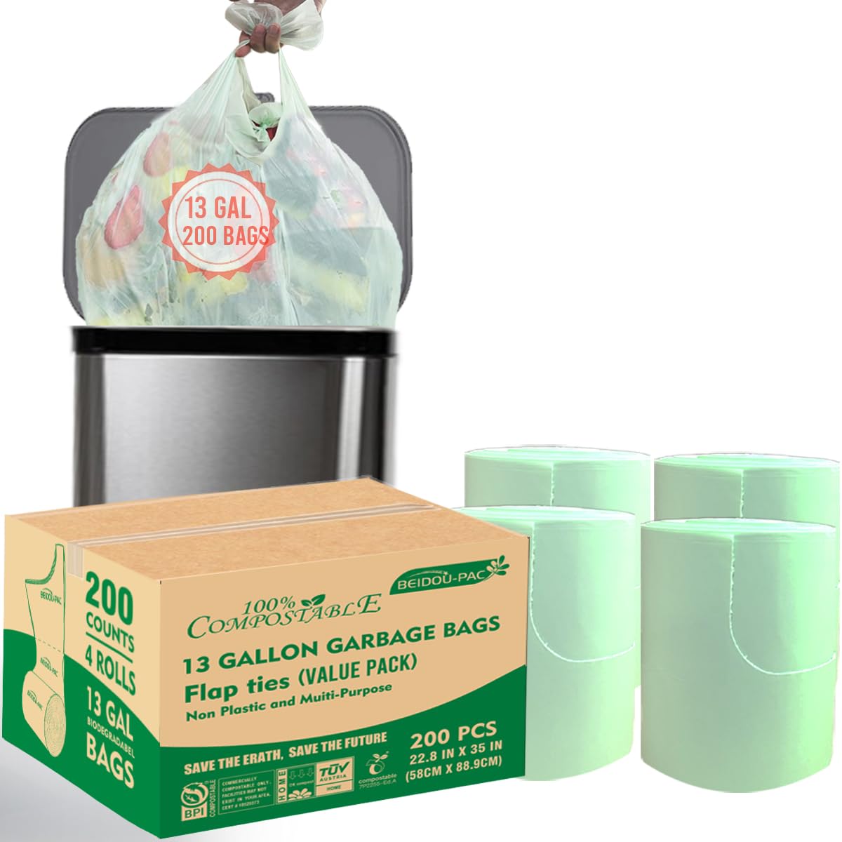 13 Gallon Flap Tie Compostable Trash Bags (200 Count)