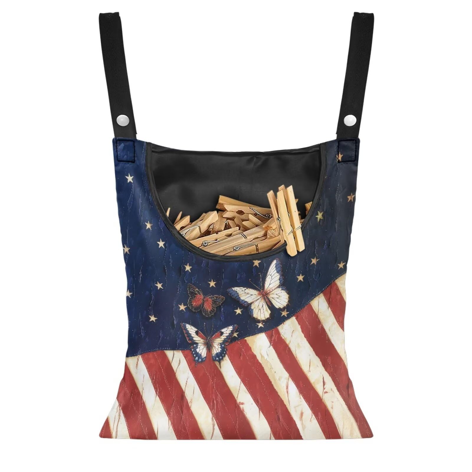 American Flag Clothespin Bag Butterfly Clothespin Bag for Clothesline Outdoor Clothespins Storage with Hanger Hook Clothespin Bags Hanging Outdoor Waterproof Clothespin Storage