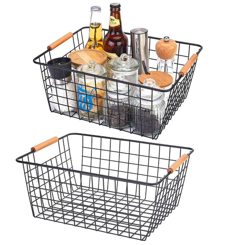 Large black wire basket for Organizing with Wooden Handles