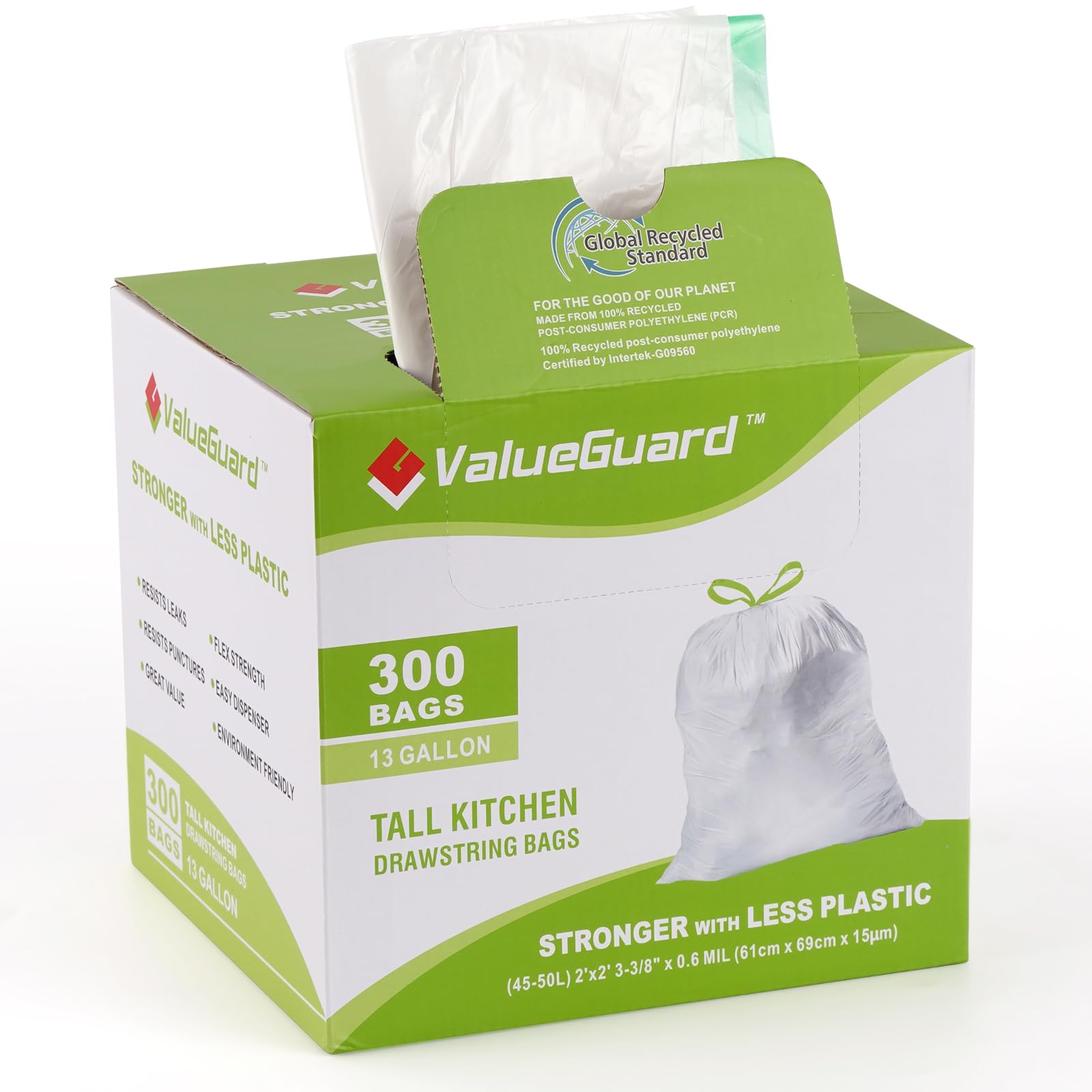 Large Trash Bags 13 Gallon Tall Drawstring 100% Post (300 Count)
