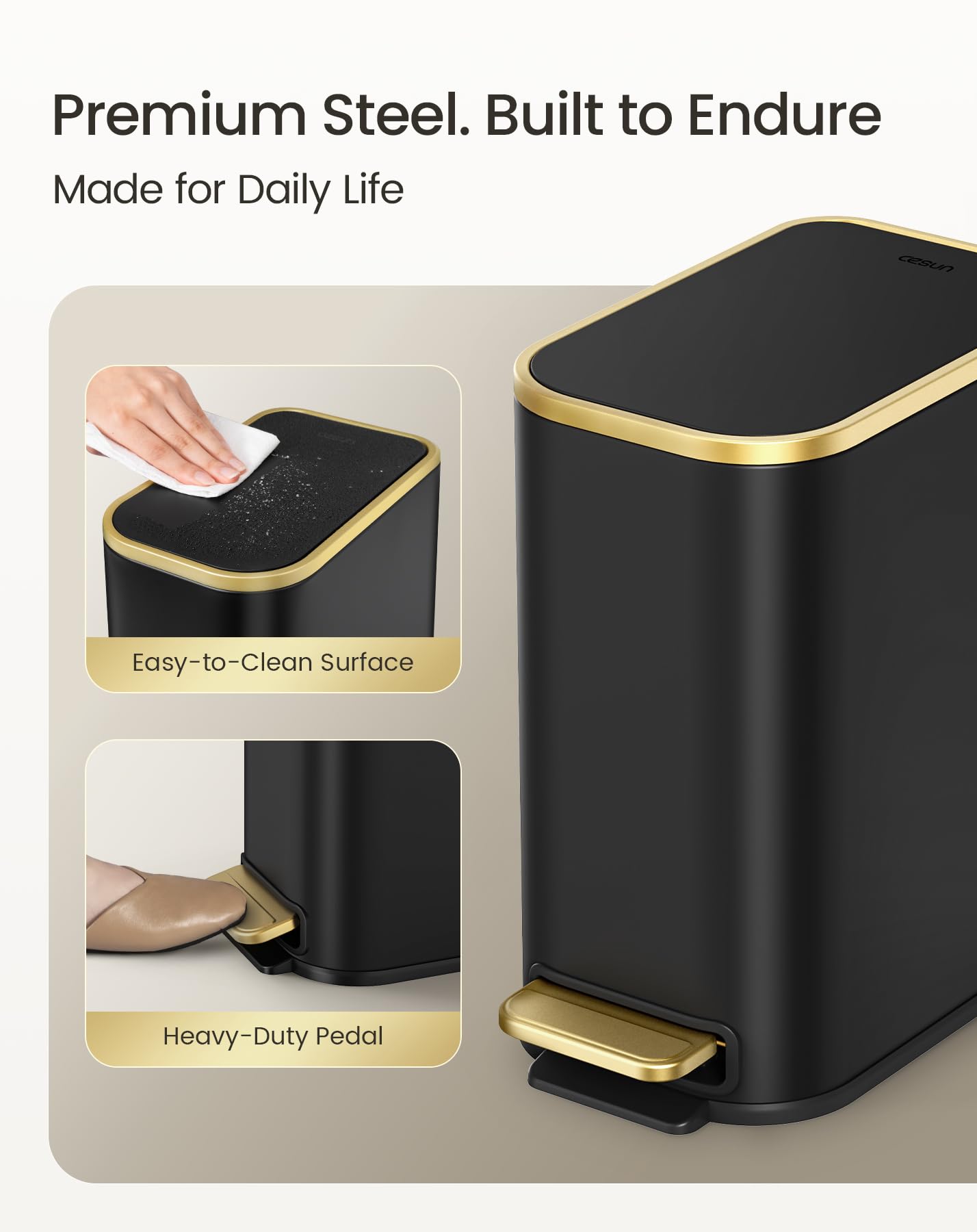 Small Bathroom Trash Can with Gold Grimmed Lid & Pedal