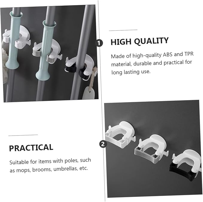 3Pcs Wall Mounted Broom Mop Holder No Drill Sundries Organizer with Adhesive Hooks Heavy Duty TPR Design for Bathroom Kitchen Garage and Living Storage