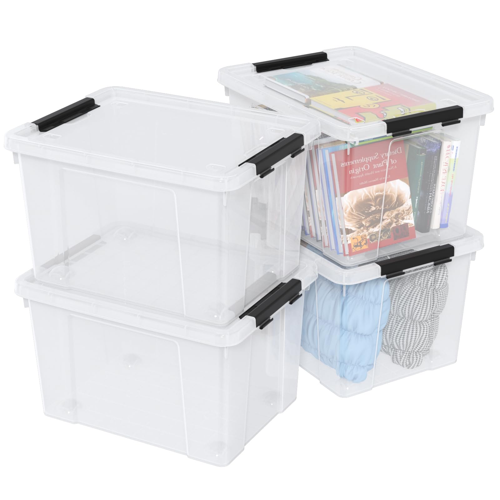 Set of 4 50 L Stackable Plastic Storage Container with Latching Lids and Wheels (4 Count)