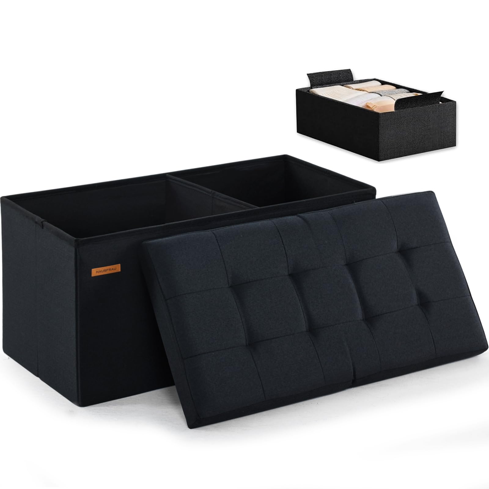 Ottoman with Storage Bench Folding Foot Rest Stool Linen Black