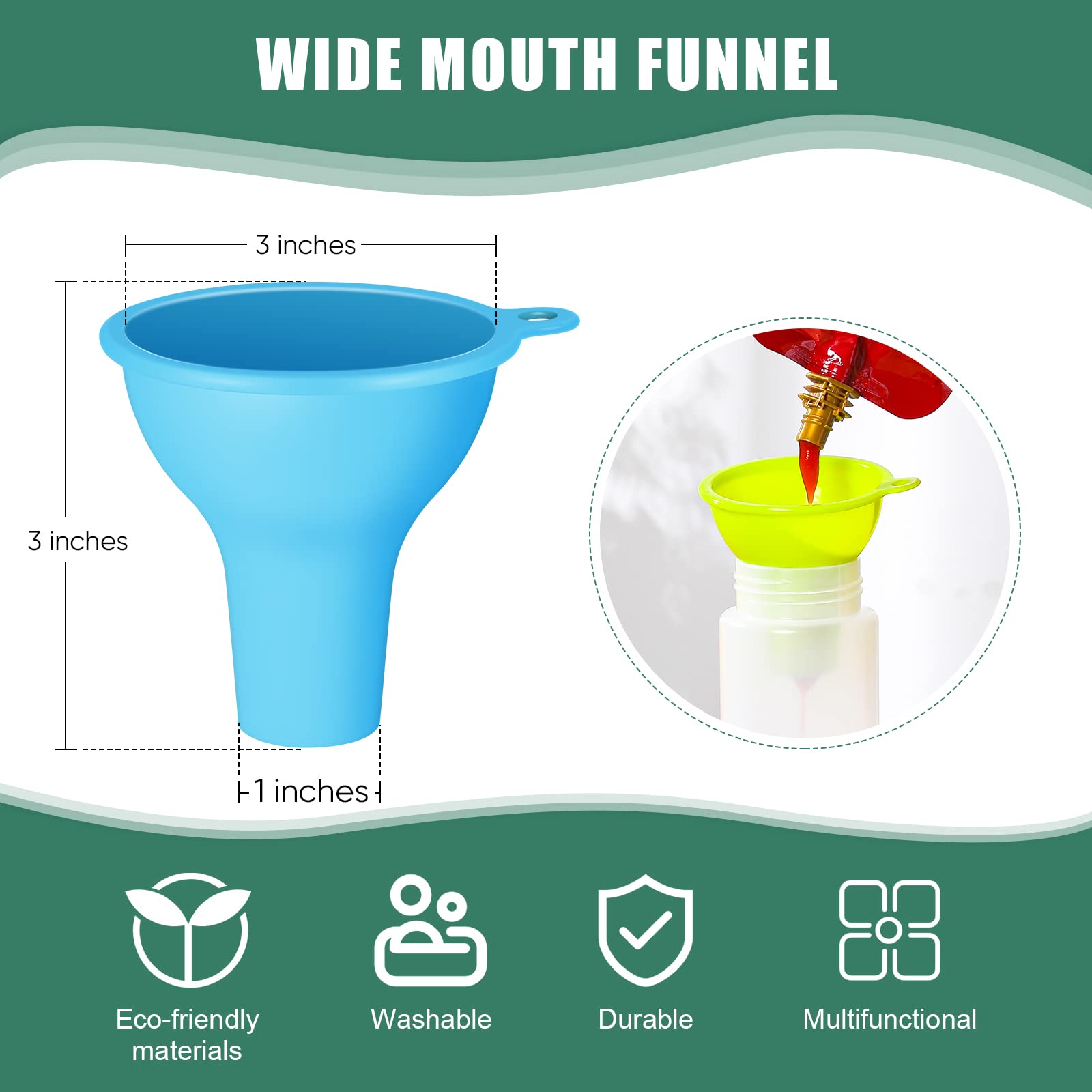 Silicone Funnels 4 Pieces 3.2 Inch Wide Mouth Funnel Flexible Condiment Sauce Canning Set for Home Restaurant Kitchen Squeeze Bottles Jars Cans Powder Liquid Spices