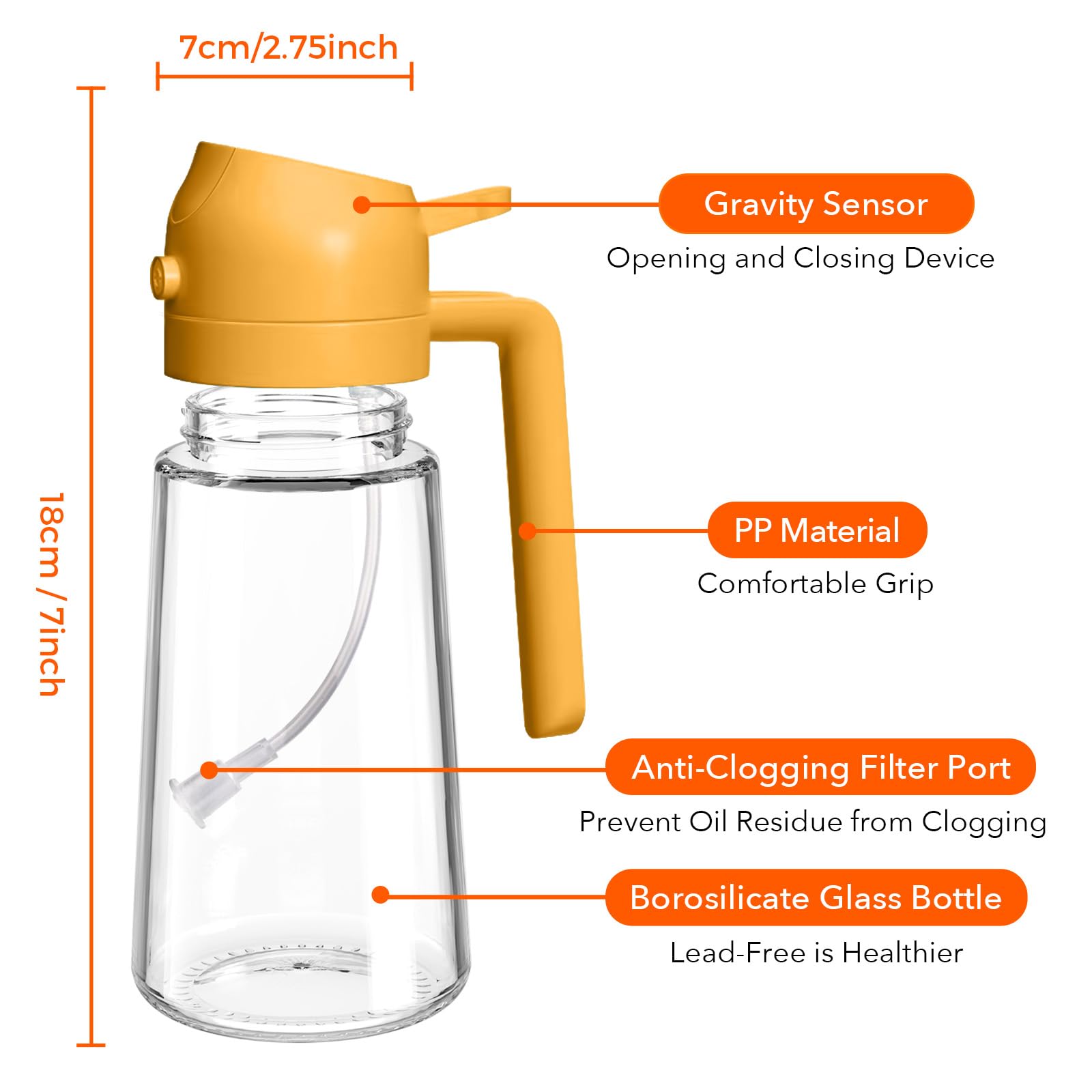 16 oz 2-in-1 Glass Olive Oil Sprayer for Cooking, Orange