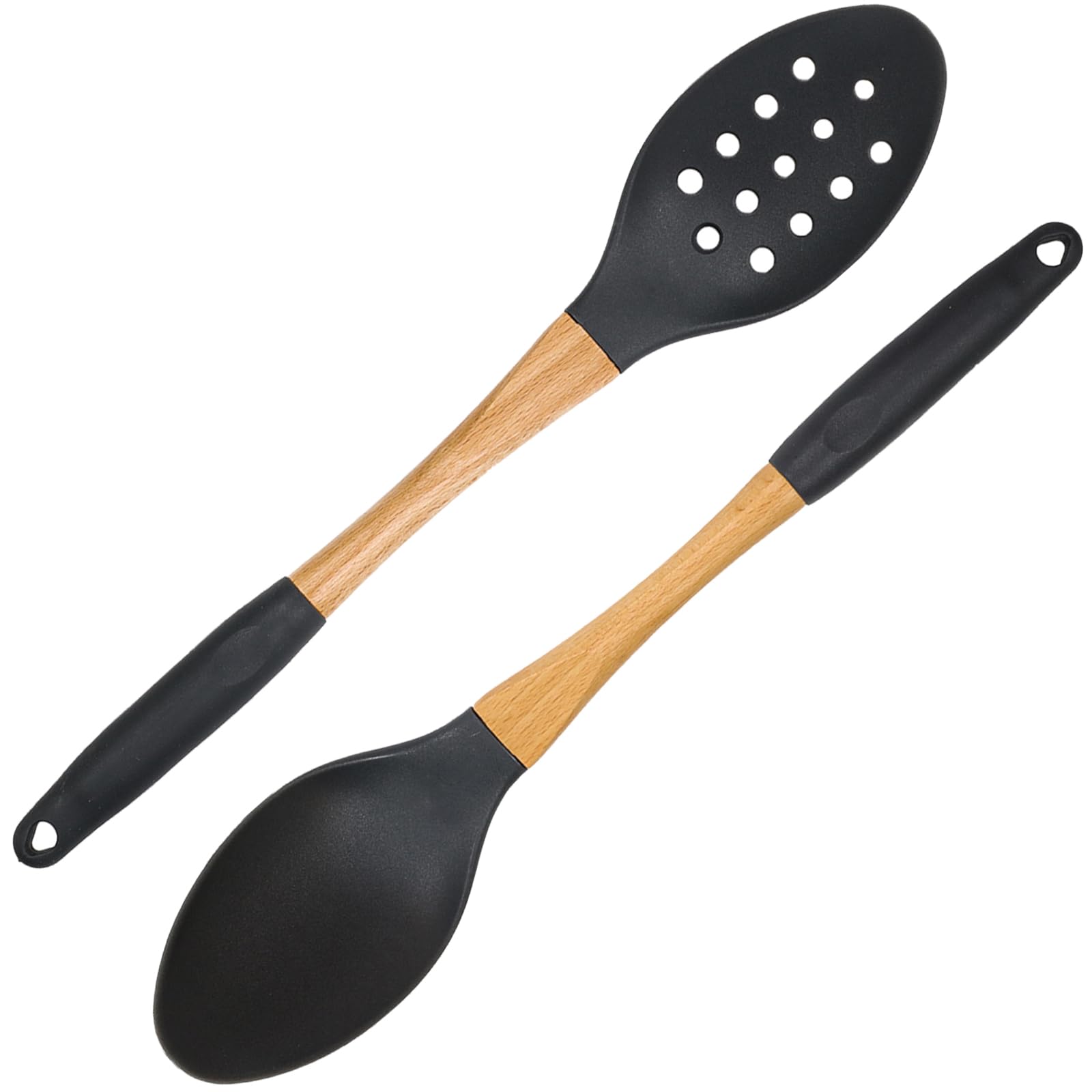 2pc Spoons Grey Nylon Kitchen Utensils Set with Soft Grip Ergonomic Wooden Handles High Heat Resistance