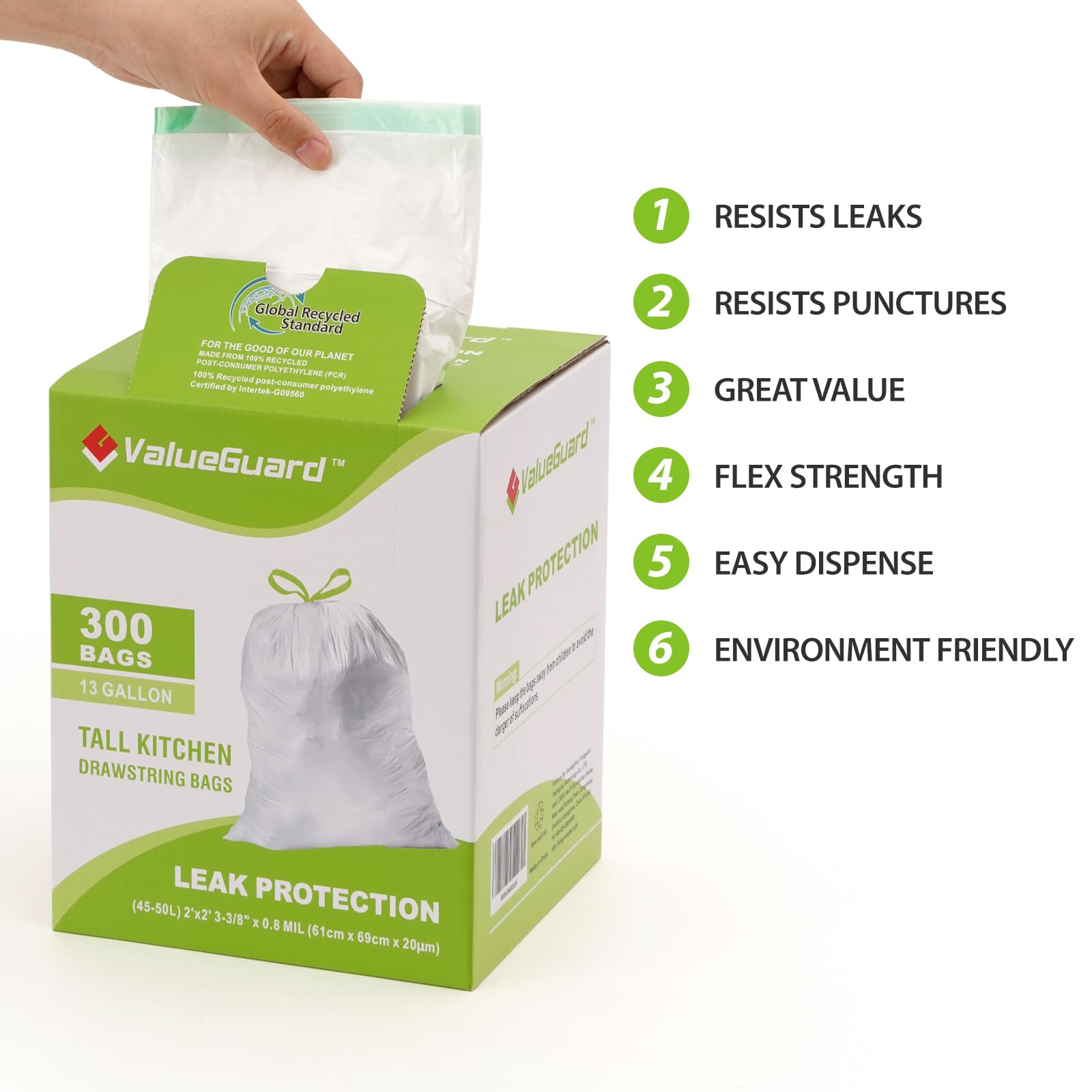Large Trash Bag 13 Gallon Tall Drawstring 100% Post (300 Count)