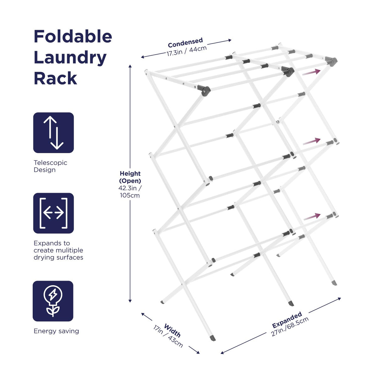 3 Tier Expandable Collapsing Foldable Laundry Rack for Air Drying Clothing