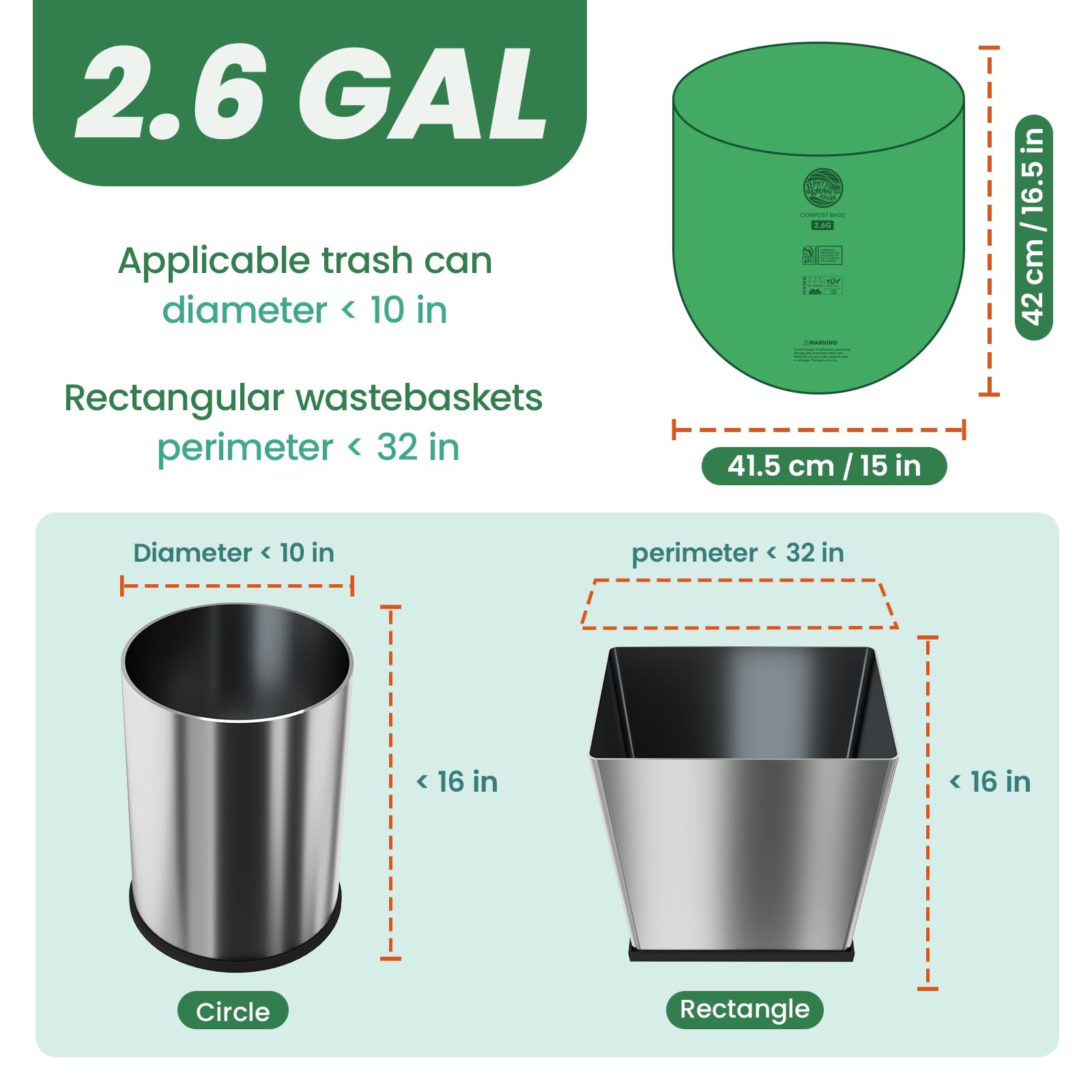 Compostable trash Bags 2.6 Gallon Compost Bags for Kitchen Countertop Bin 1.3 (120 Count)
