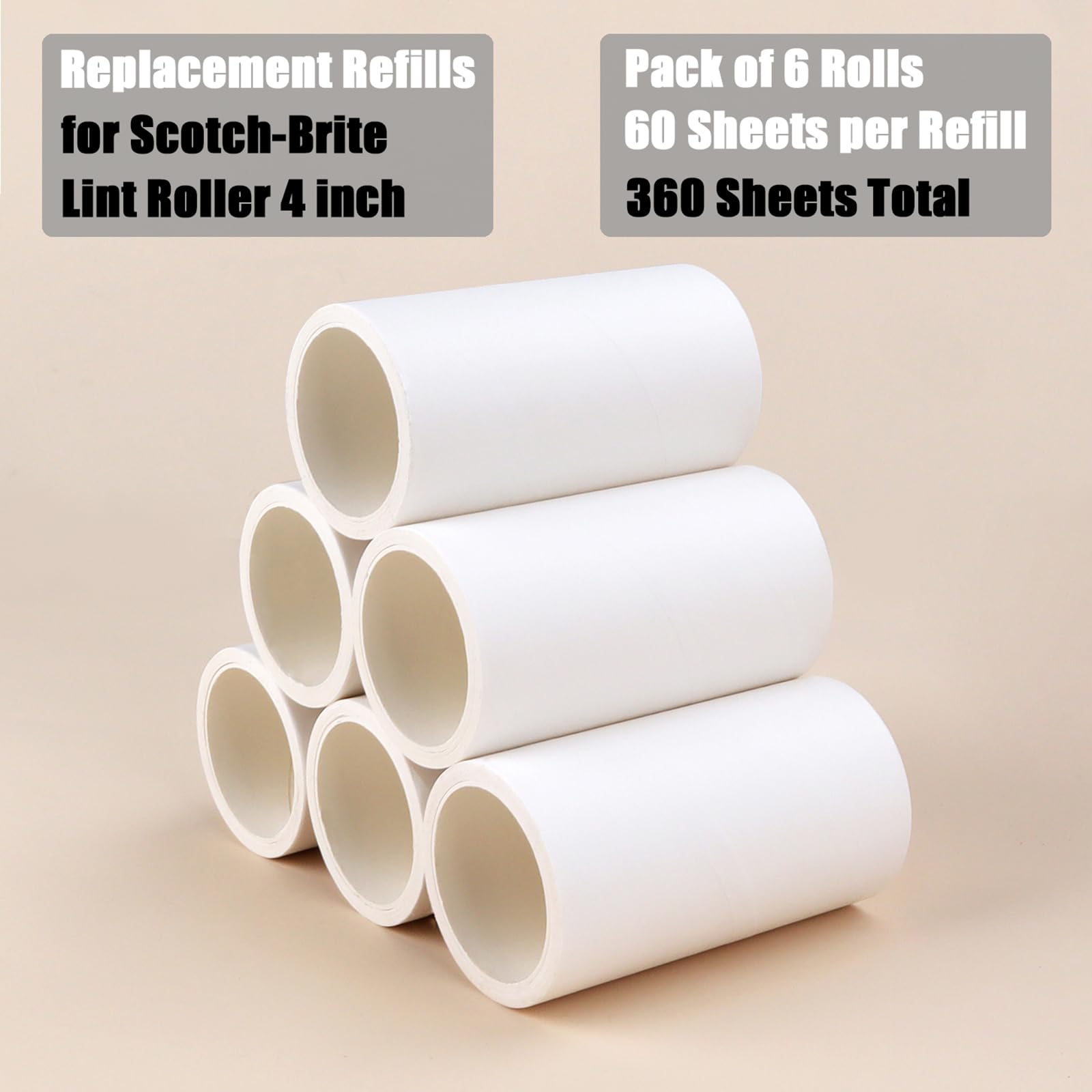 4 inch Lint Roller Refills for Scotch Brite Lint Roller Replacement Refills for Pet Hair Extra Sticky Everyday Clean Lint Remover Refills 6 Pack 60 Sheets per Roll Total 360 Sheets (360 Count)