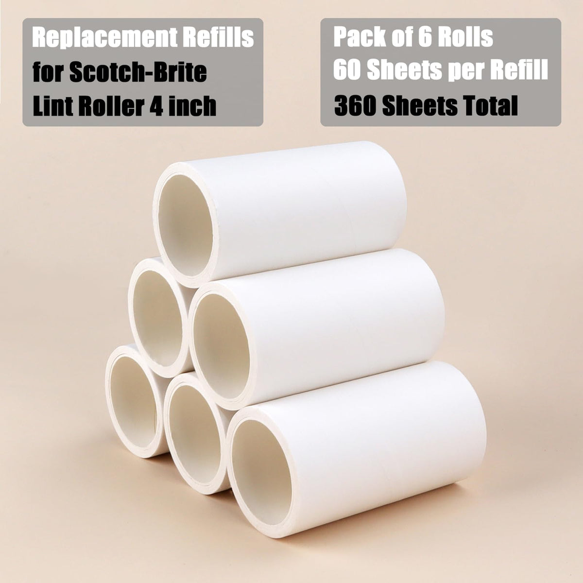 4 inch Lint Roller Refills for Scotch Brite Lint Roller Replacement Refills for Pet Hair Extra Sticky Everyday Clean Lint Remover Refills 6 Pack 60 Sheets per Roll Total 360 Sheets (360 Count)