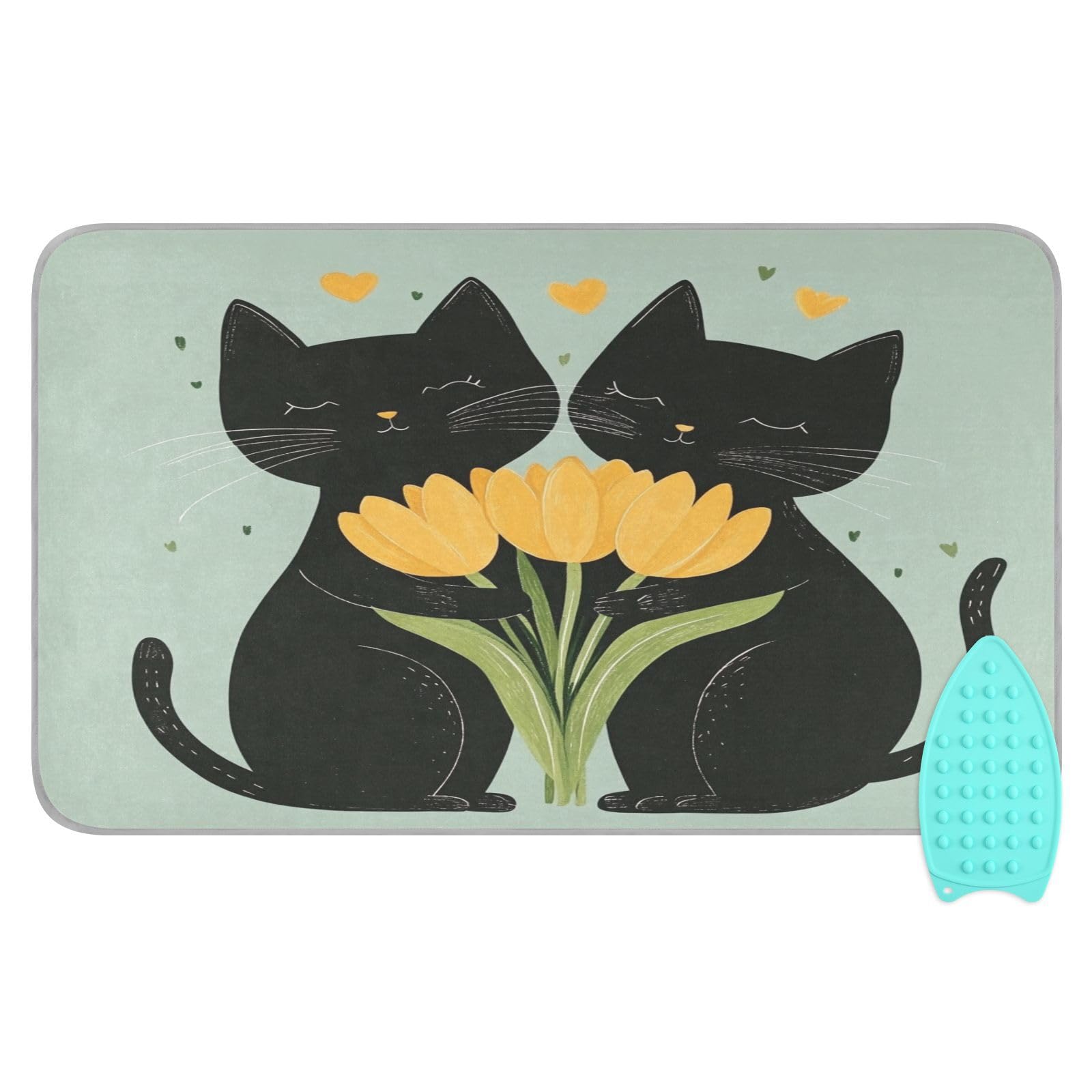 Black Cats Tulips Green Ironing Mat Thickened Ironing Blanket Travel Portable Double
