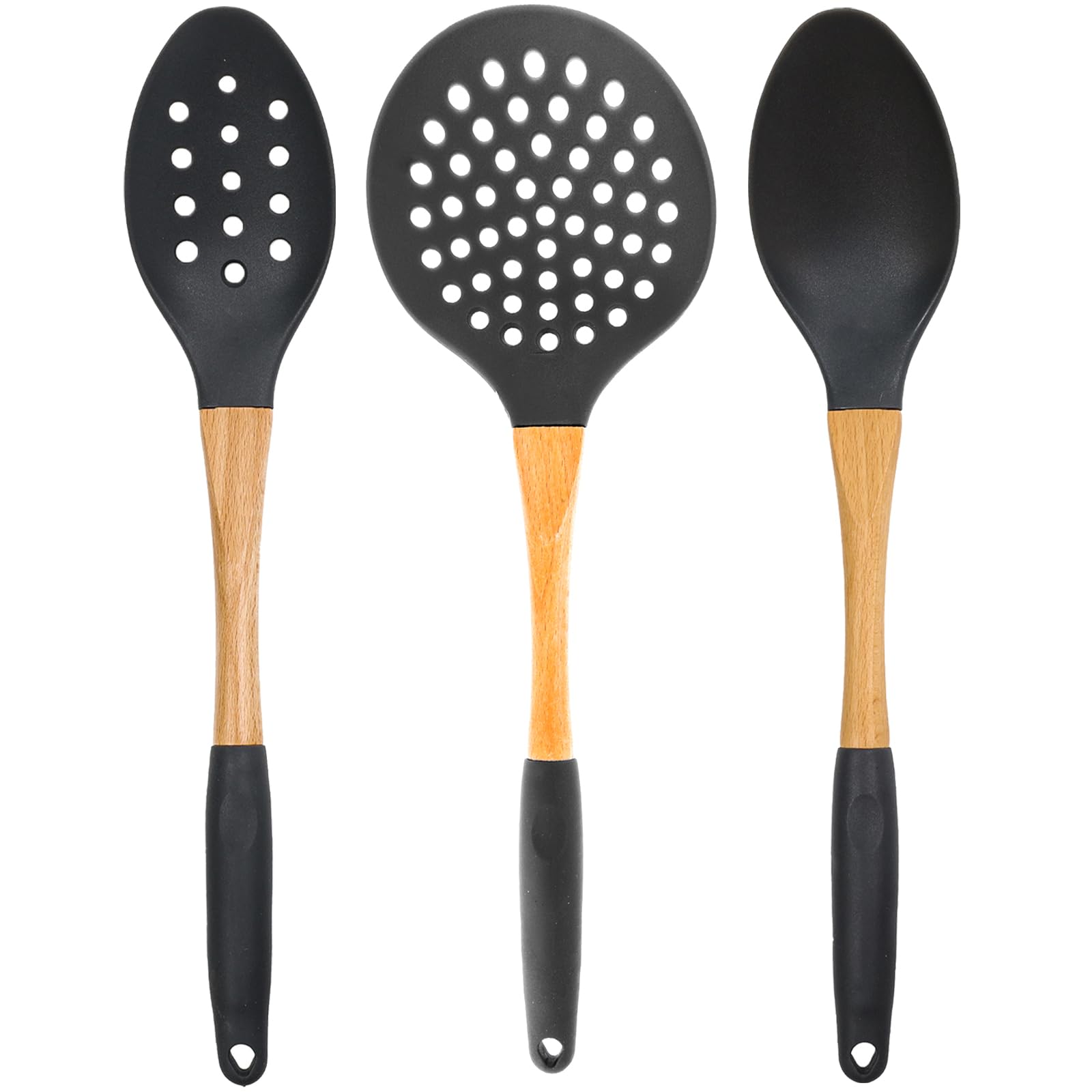 3pc Grey Nylon Cooking Spoons Kitchen Utensils Set with Wooden Handle High Heat Resistance
