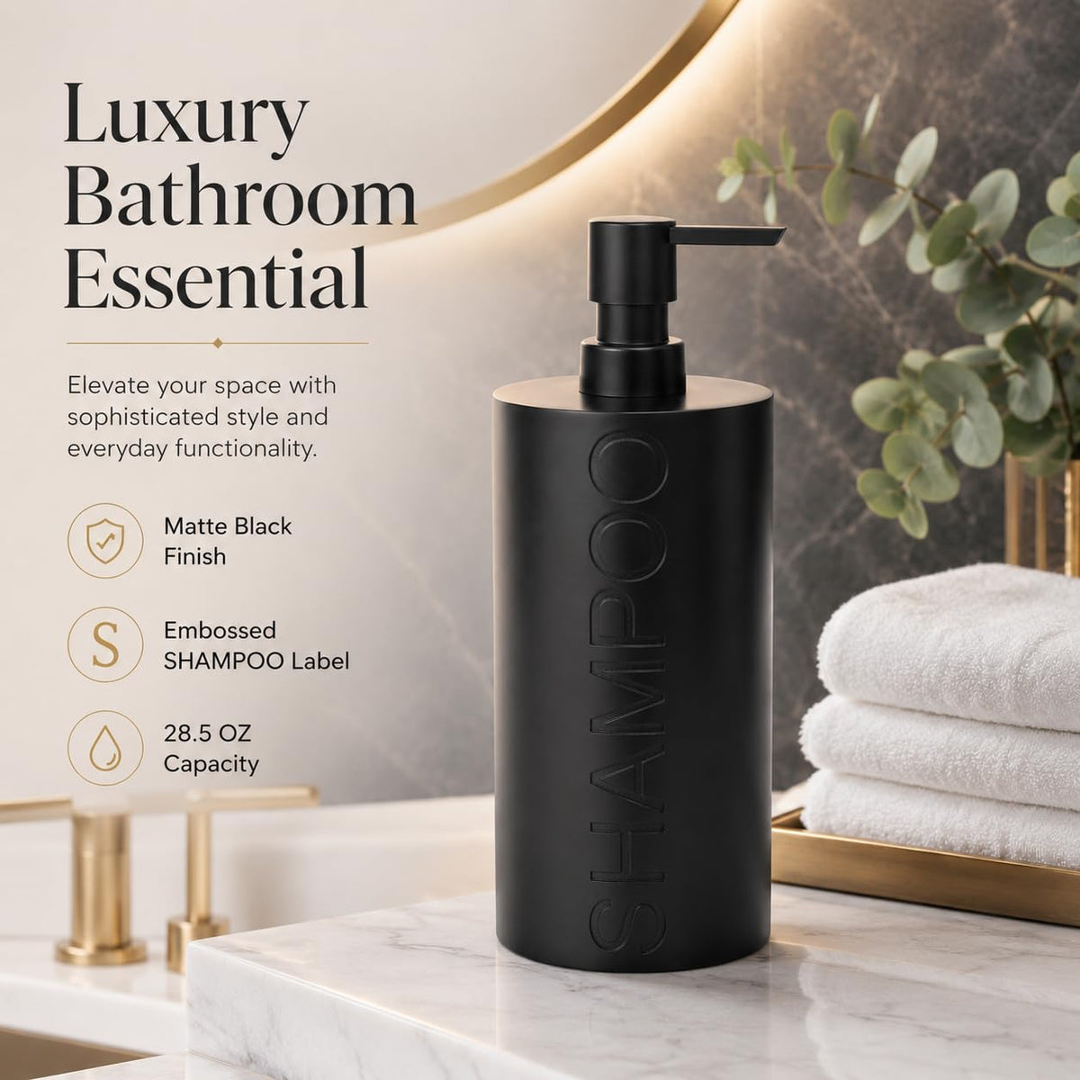 Matte Black Shampoo Dispenser Modern Refillable Pump Bottle with Embossed Text