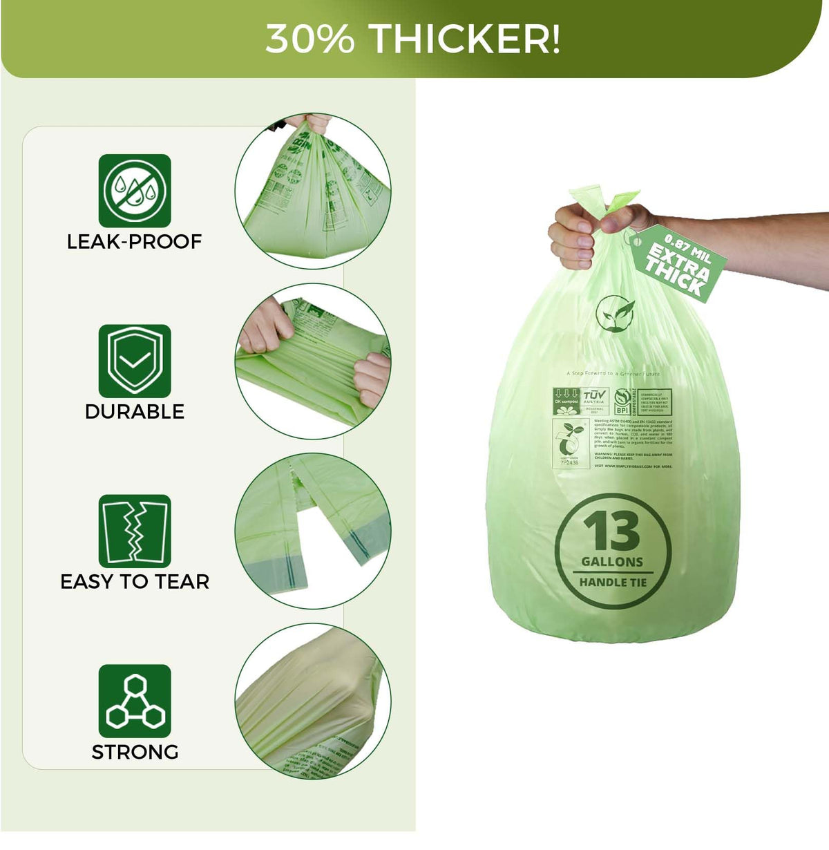 13 Gallon Compostable Trash Bags with Handle (30 Count)