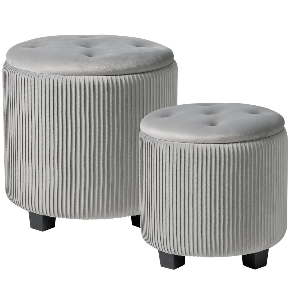 Tufted Ottoman Set of 2 Large Round Velvet Storage Ottoman Gra (2 Count)