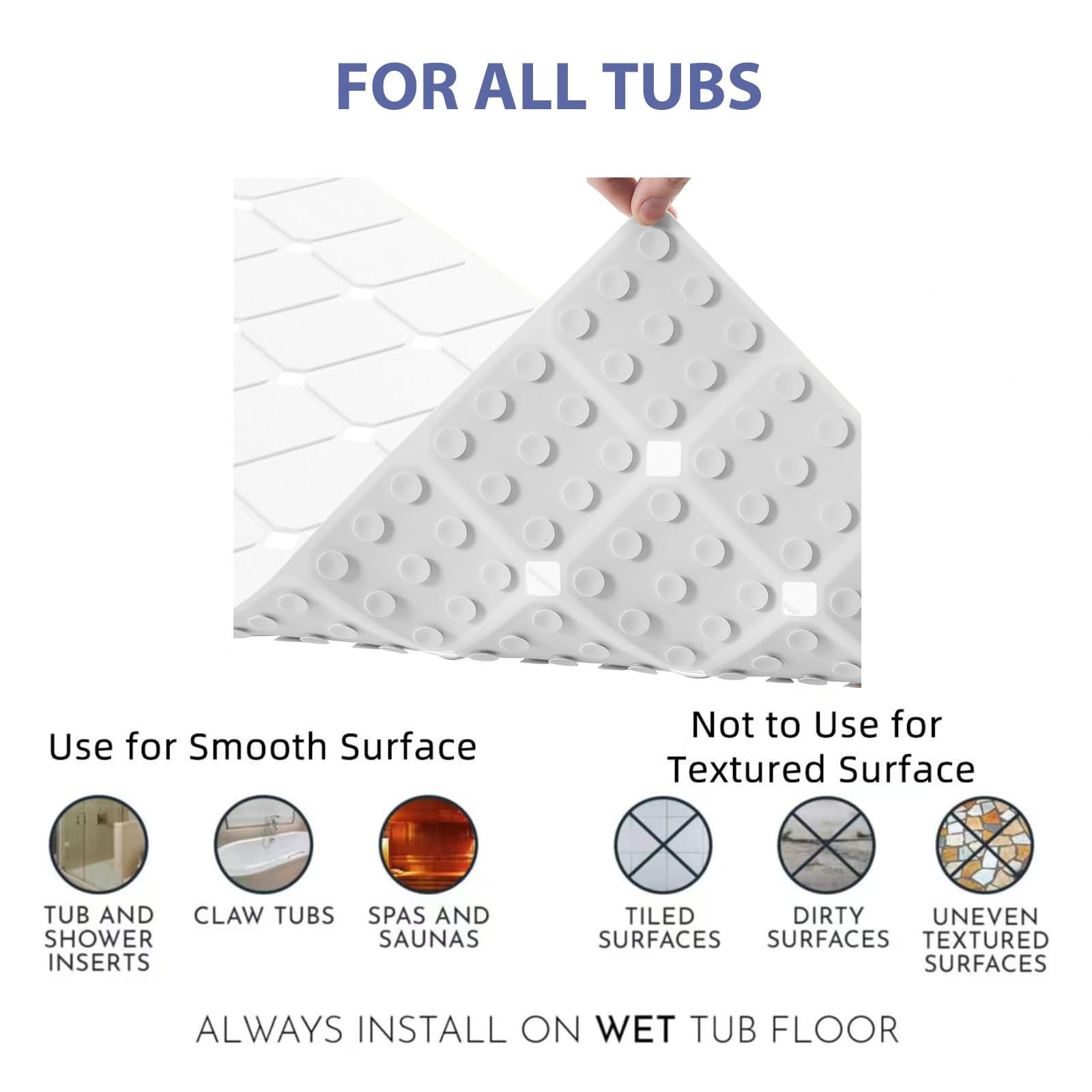 Bathtub Mat Non Slip Silicone Foldable Extra Long Tub Mat Strong Suction Cups & Large Drain Holes