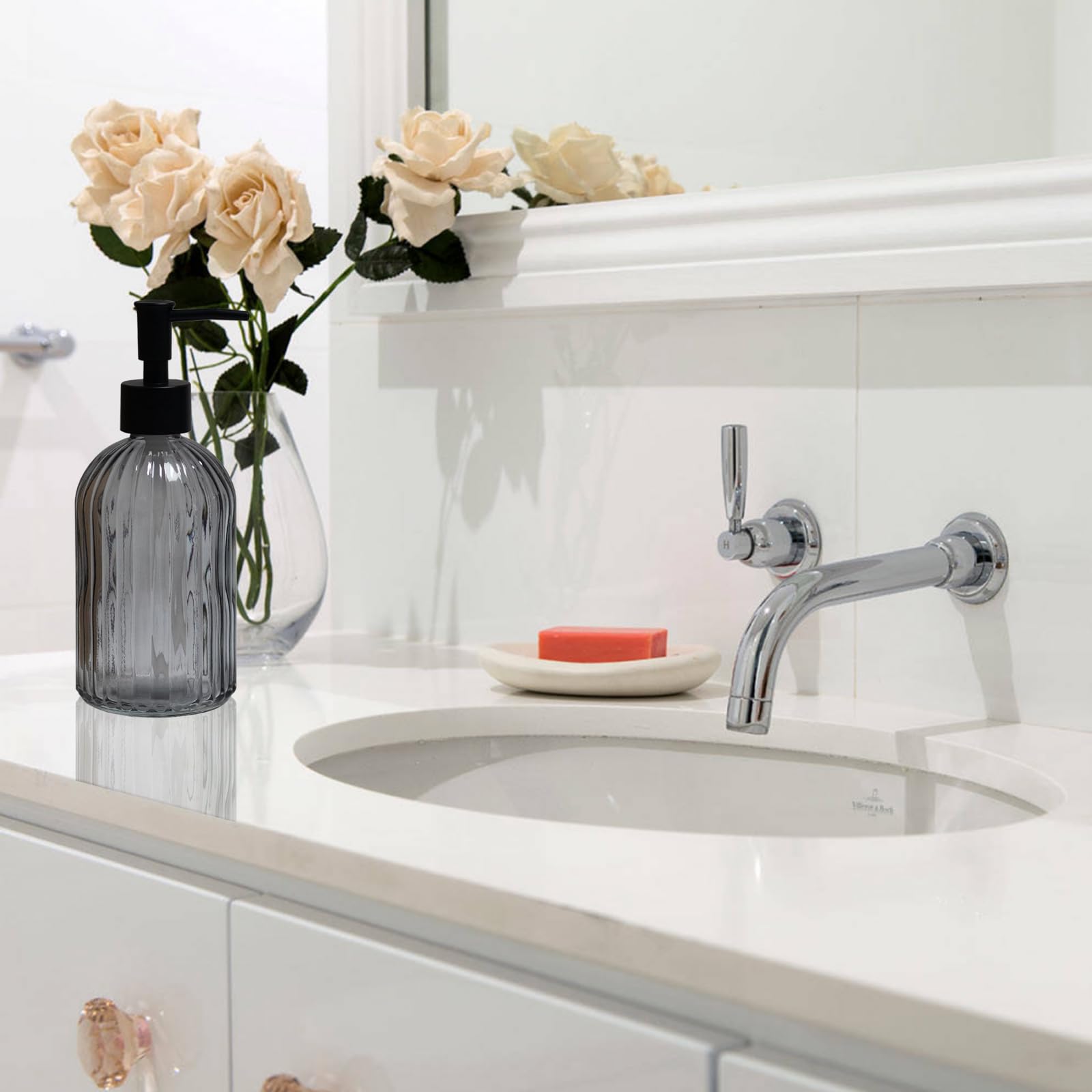 Grey Glass Soap Dispenser with Black Plastic Pump