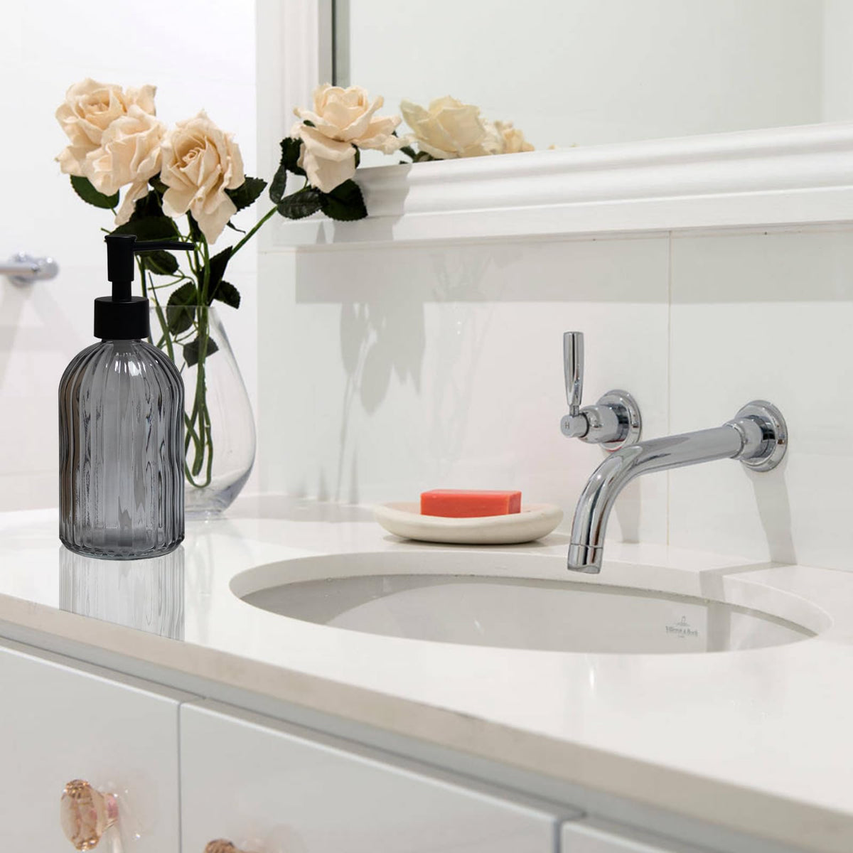 Grey Glass Soap Dispenser with Black Plastic Pump
