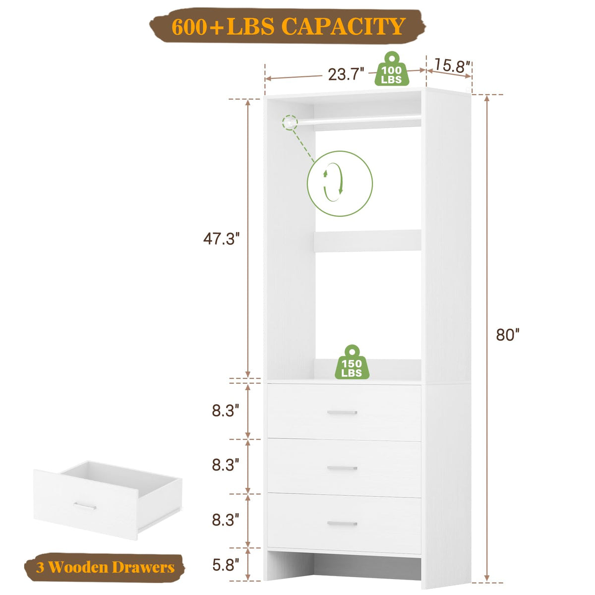 2FT Closet System with 3 Drawers