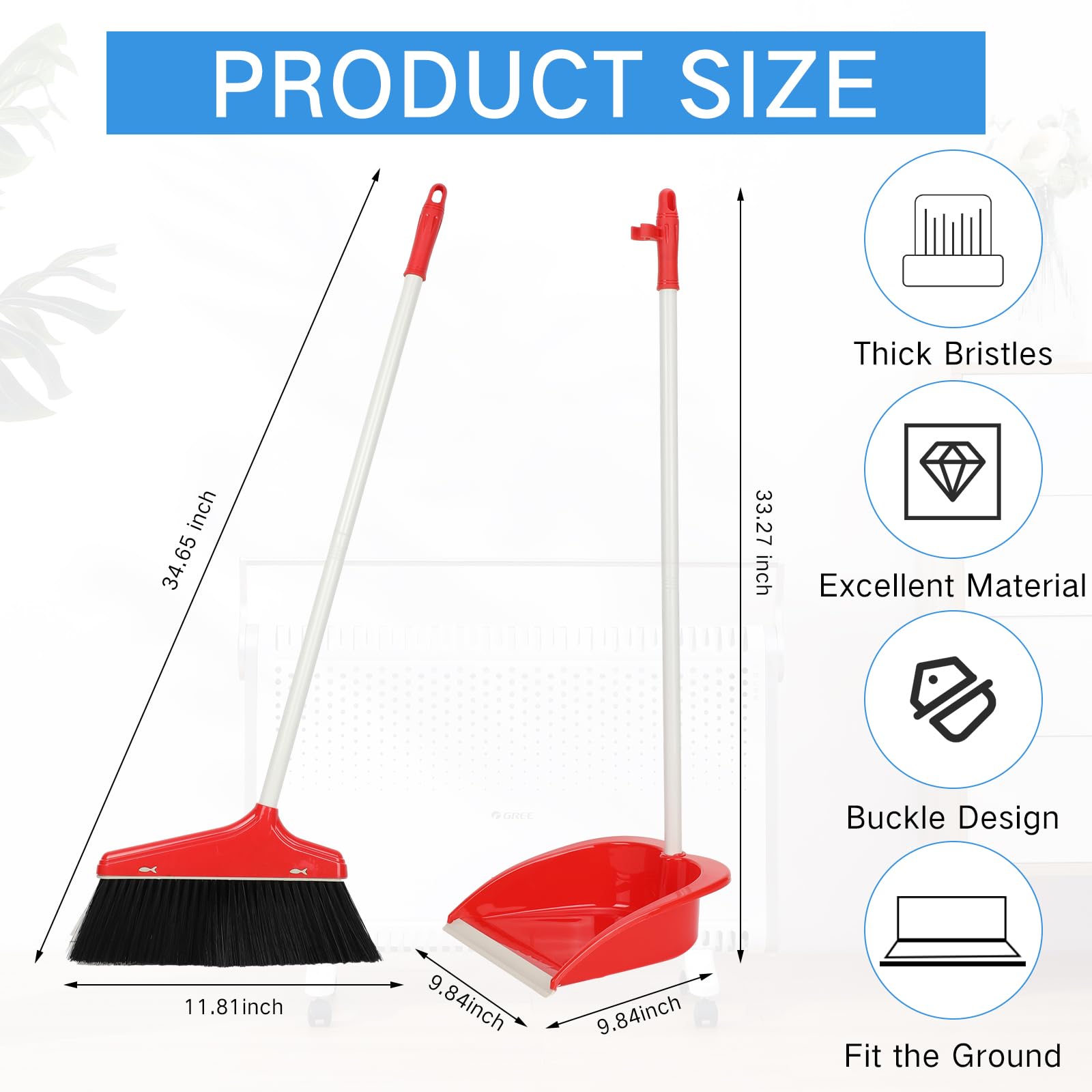 Set of 8 Broom and Dustpan Set Long Handle Broom with Upright Standing Dustpan Broom with Dustpan Combo Set Dust Pan with Long Handle for Lobby Kitchen Office Floor Outdoor Cleaning