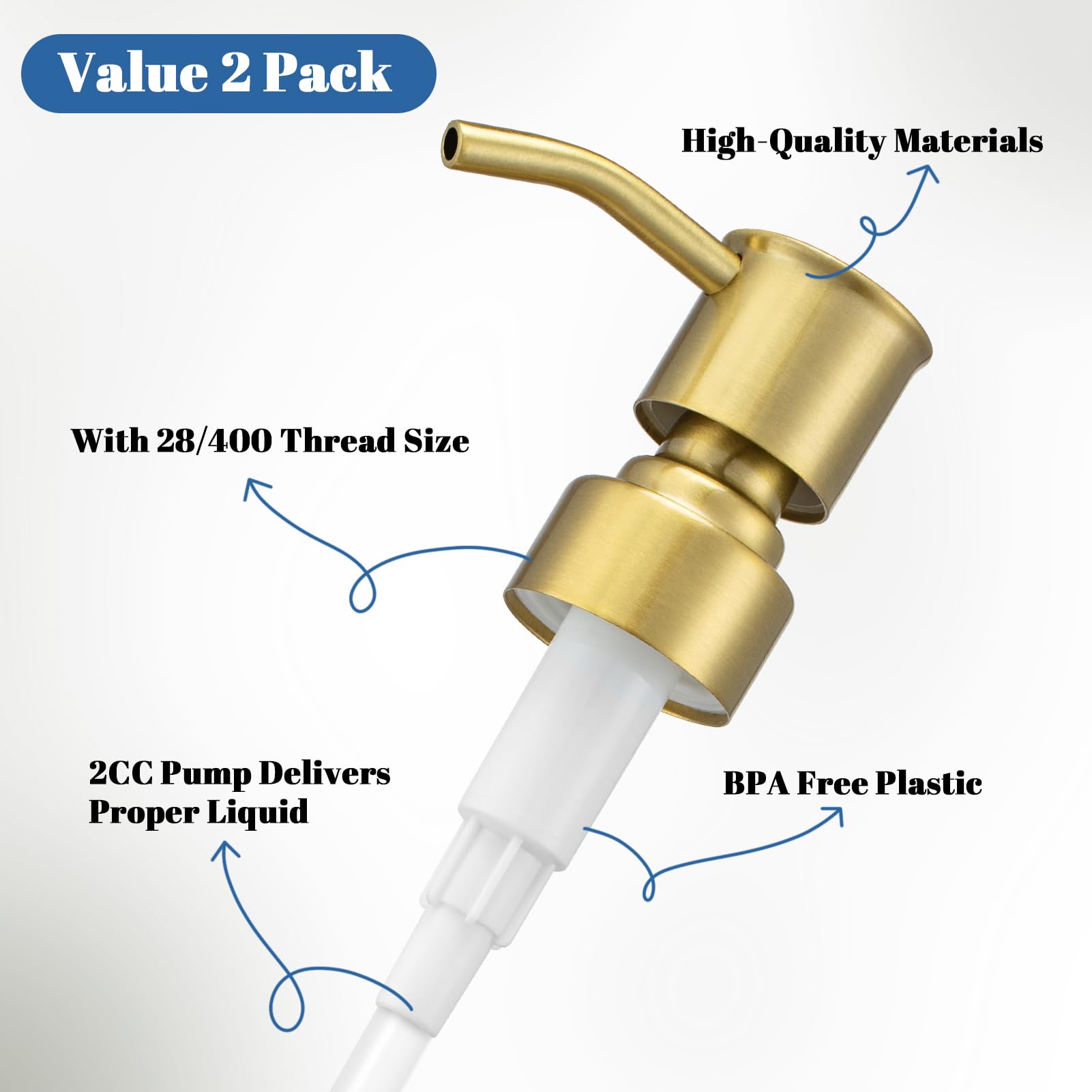 2 Pack Brushed Gold 304 Stainless Steel Soap Dispenser Pump Replacement Standard 28 (2 Count)