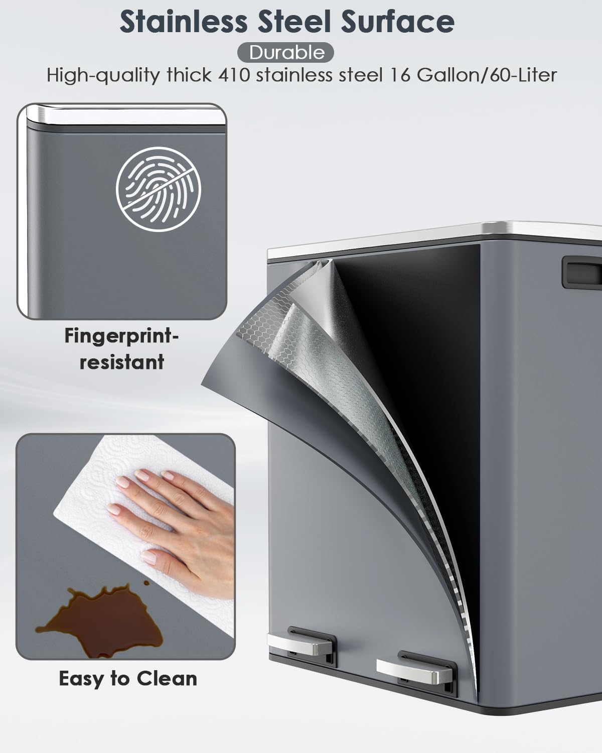 60L(16 Gal ) Dual Trash Can, Stainless Steel Kitchen Garbage Can, Double Compartment Classified Rubbish Bin, Recycle Dustbin w/Plastic Inner Buckets, Handle, Soft-Close Lid, Airtight, Grey