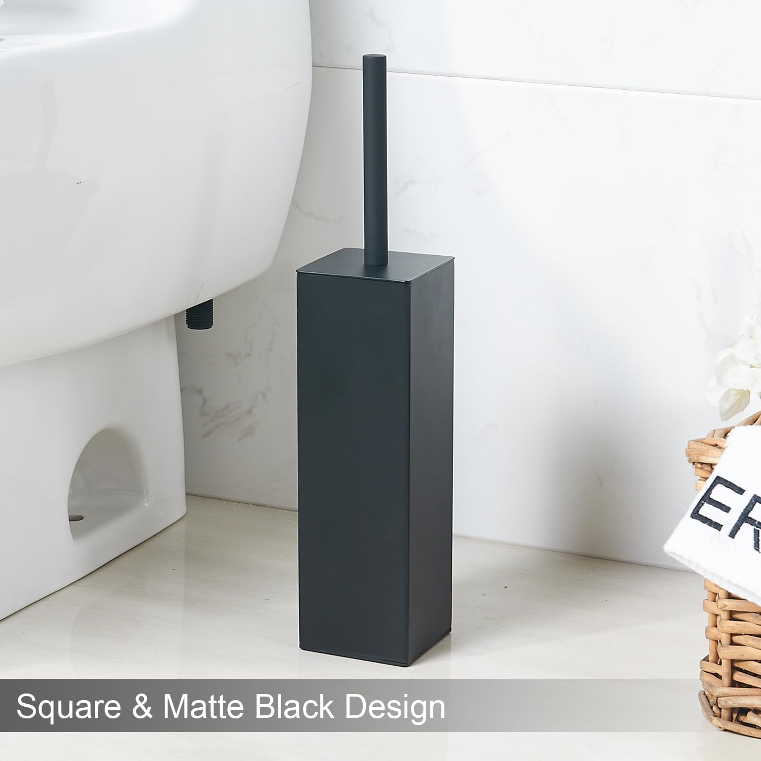 Matte Black Square Stainless Steel Toilet Brush with Holder