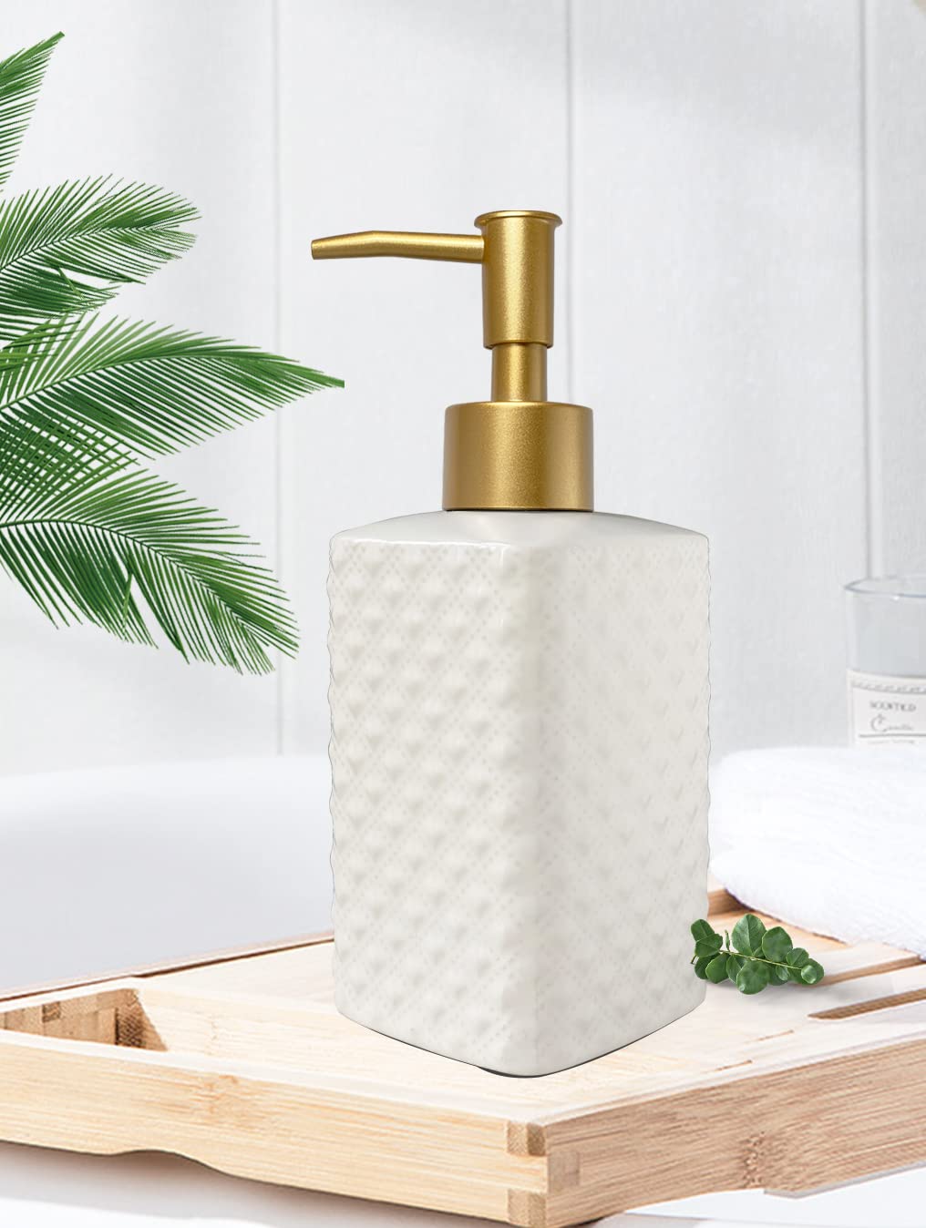 Chic Unique White Soap Dispenser for Bathroom with Golden Pump