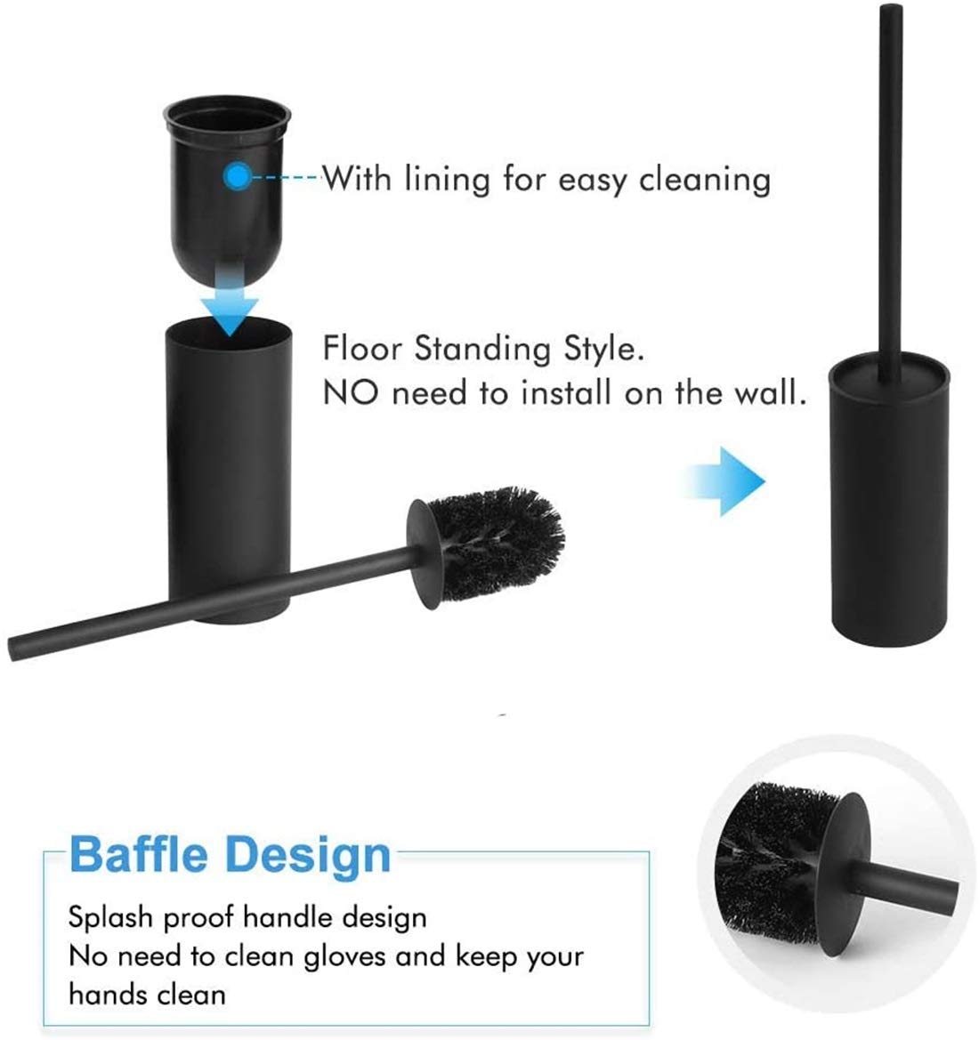 Stainless Steel 304 Black Toilet Bowl Brush and Holder Set Cleaning Tool Holder with Toilet Brush