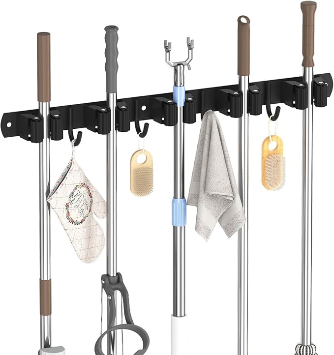 Garage Wall Hook 5 Clamps 4 Hooks for Bicycles Garden Tools Space Efficient Design Broom Holder Wall Mount