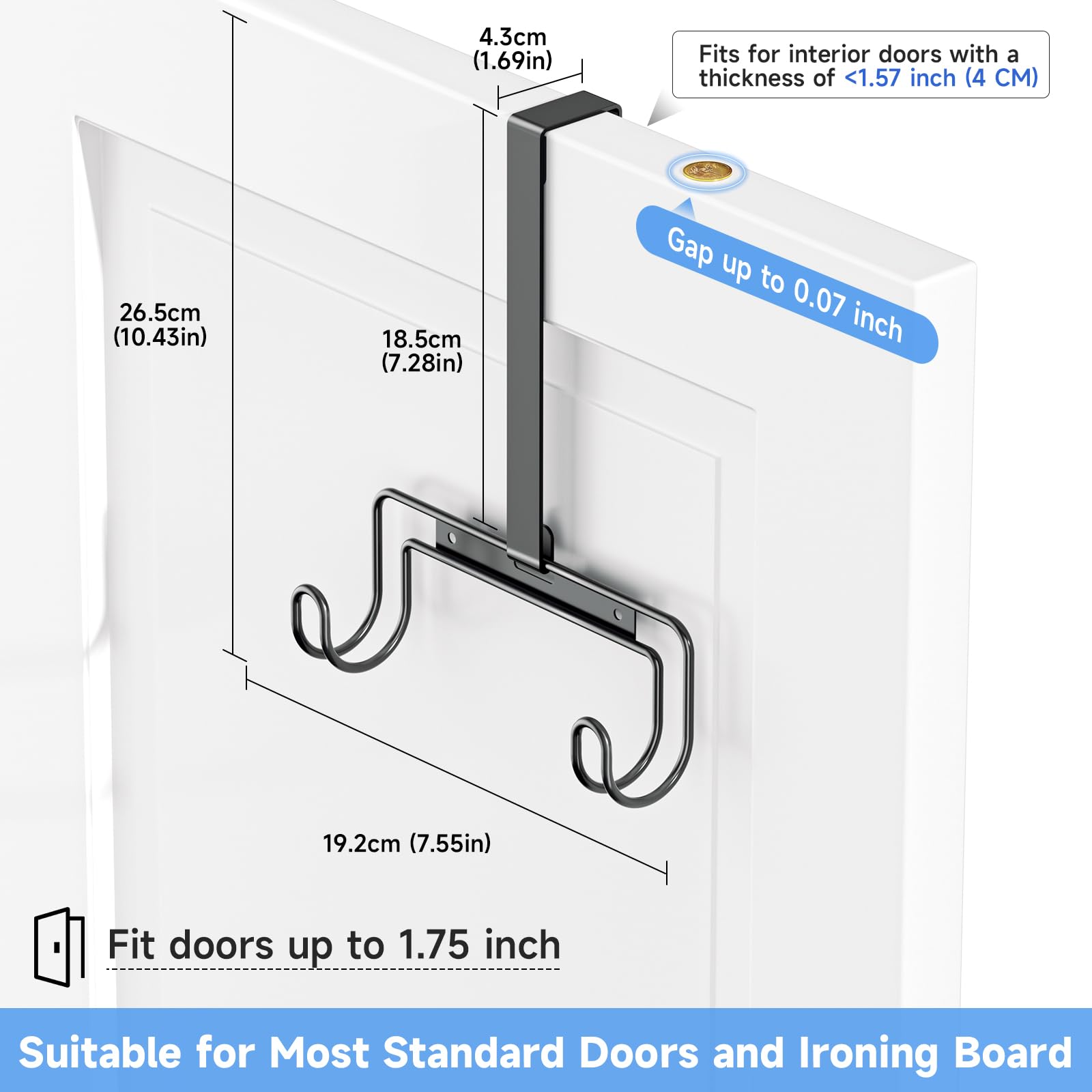 Over The Door & Wall Mount Ironing Board Hanger with Removable Hook