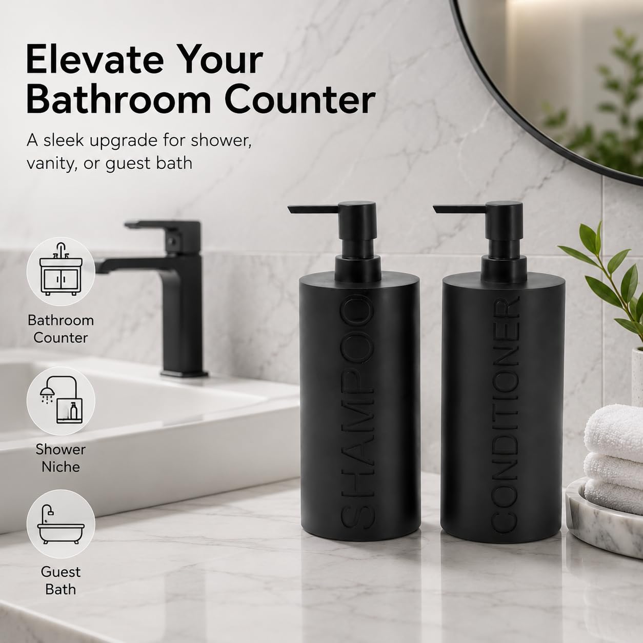 2 Pack Matte Black Resin Refillable Shampoo & Conditioner Bottles