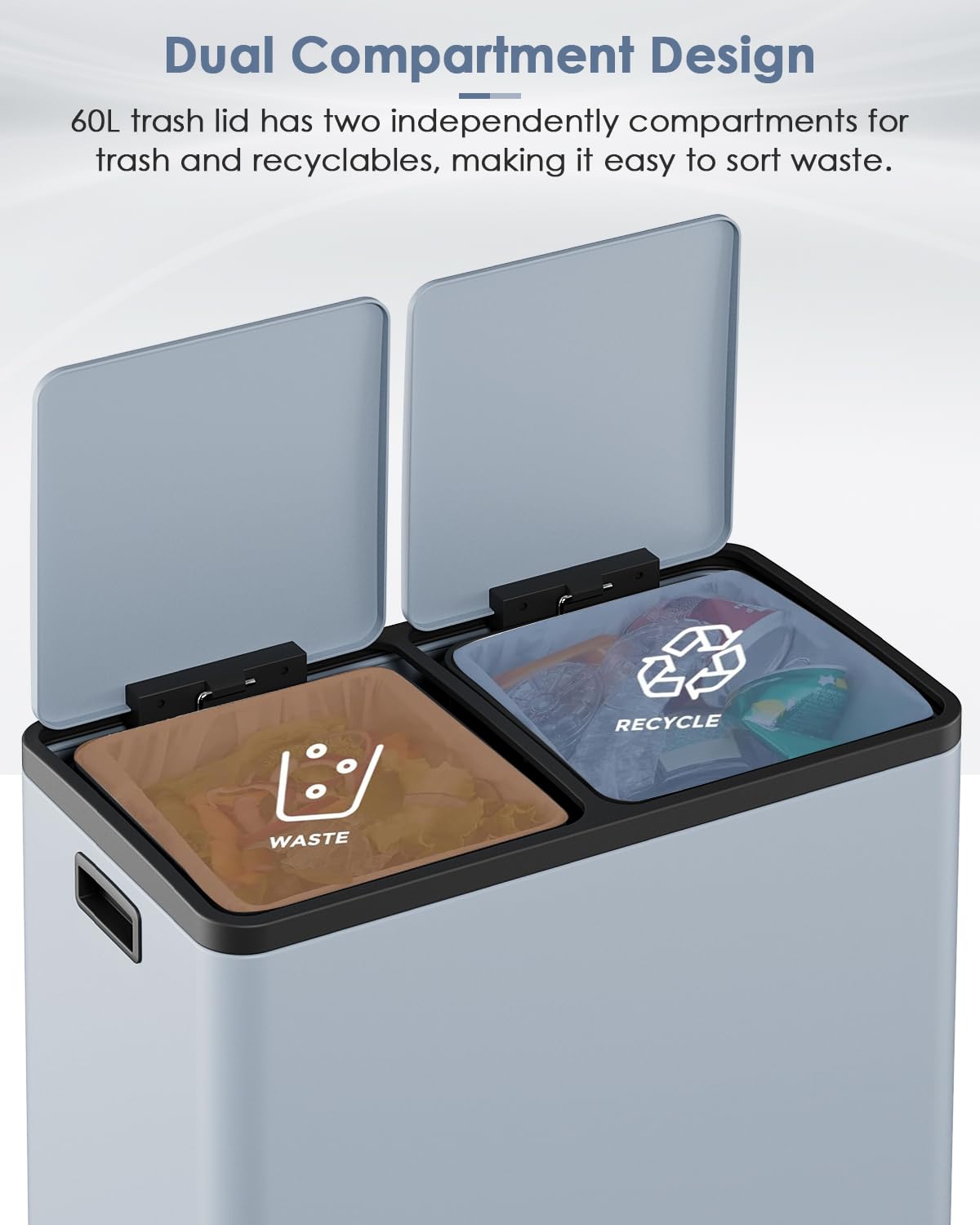 60L(16 Gal) Dual Trash Can, Stainless Steel Kitchen Garbage Can