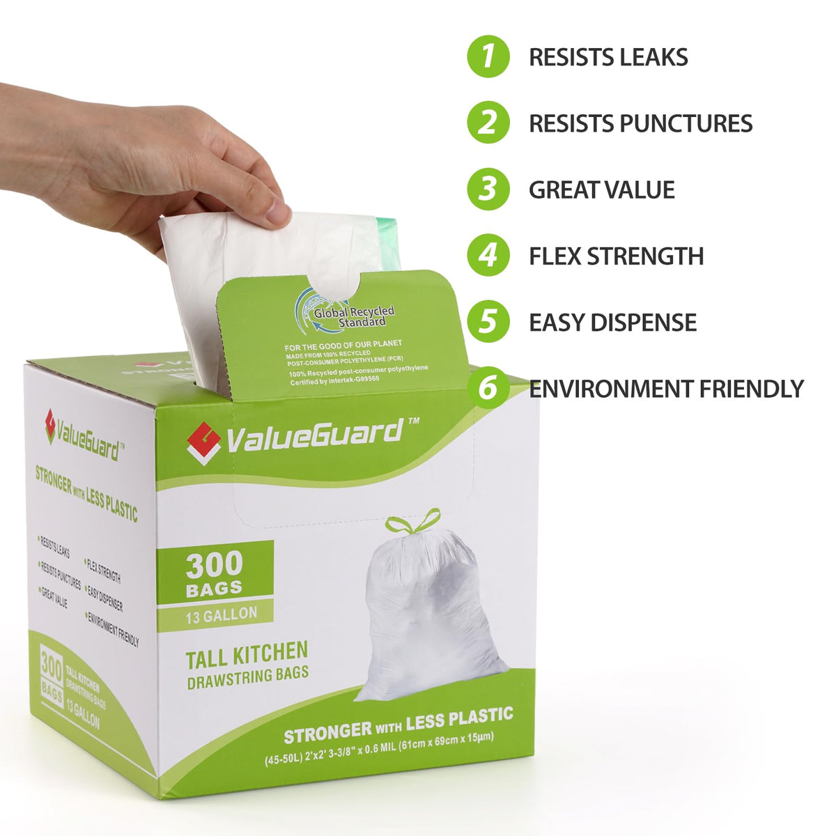 Large Trash Bags 13 Gallon Tall Drawstring 100% Post (300 Count)