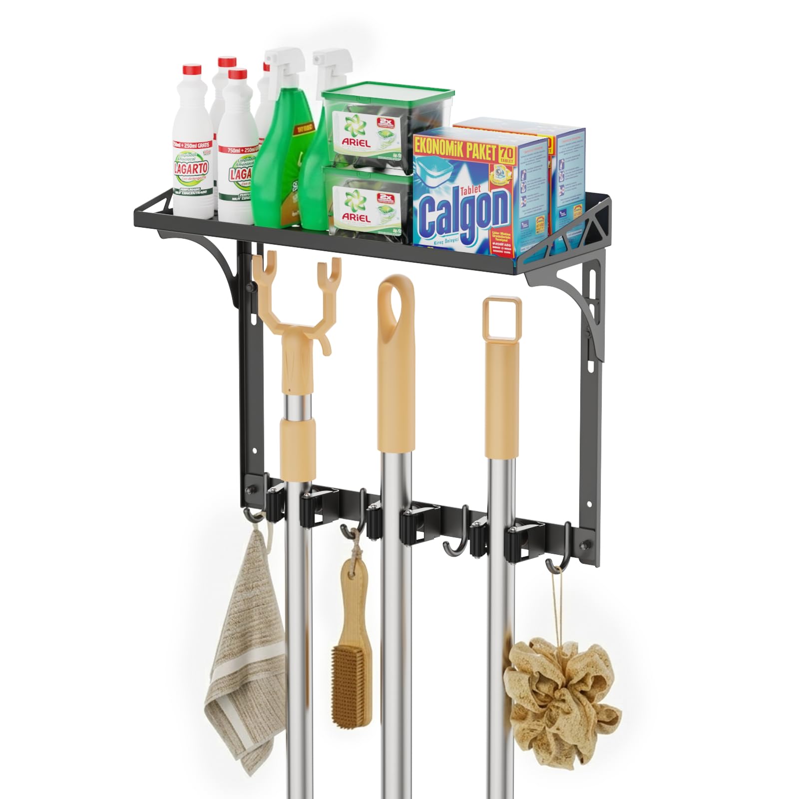 Broom Holder Wall Mount with Cleaning Supplies Organizer
