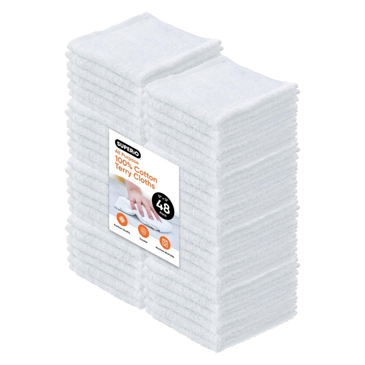 Terry Cloth Rags White Washcloths 100% Cotton 12" Cleaning Cloths (48 Count)