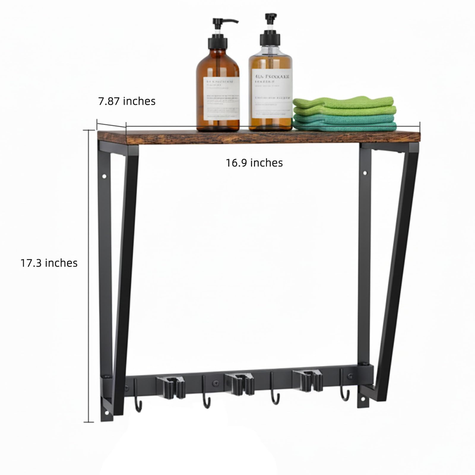 Broom Holder Wall Mount with 3 Storage Slots & 4 Utility Hooks