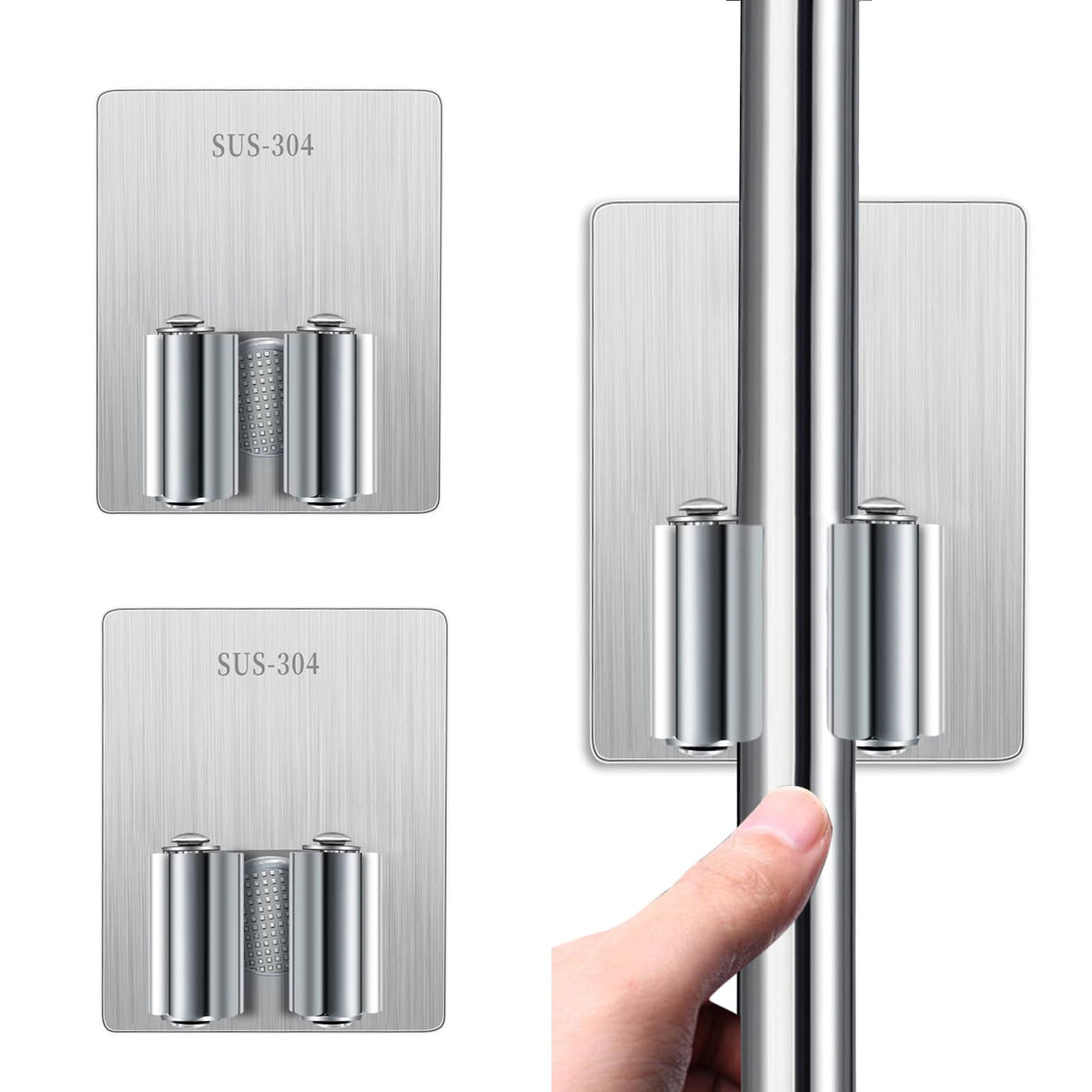 2PCS Broom Holder Wall Mount Self Adhesive Mop and Broom Holder Stainless Steel Broom Hanger Heavy Duty for Laundry Storage Bathroom Kitchen Garage (16 Ounce)