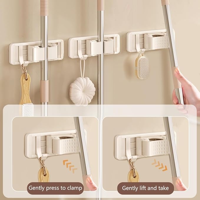 3PCS Mop and Broom Gripper with Hook Wall Mounted Self Adhesive or Drilling Mop Storage Rack for Closet Laundry Bathroom Cleaning Tool Organizer