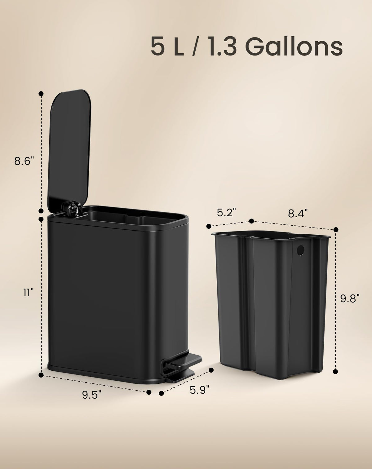 Small Black Bathroom Trash Can with Lid Soft Close & Pedal